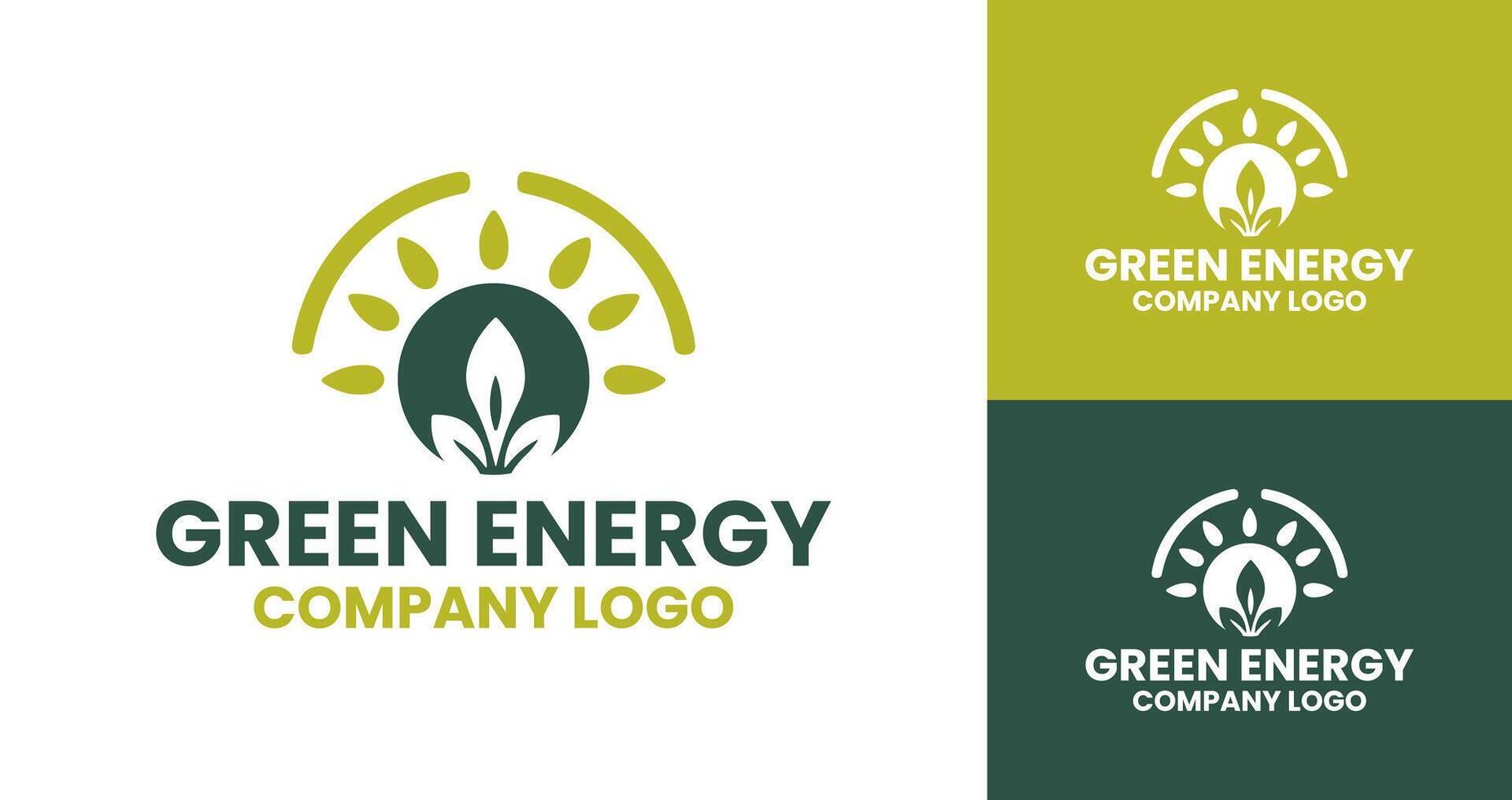 Professional Flat Green Circular Logo with Leaf and Sun for Renewable Energy Brand Identity vector