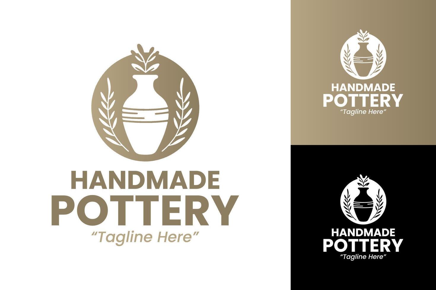 Elegant Handmade Pottery Logo with Rustic Earth-Tone Vase and Leaf Design vector