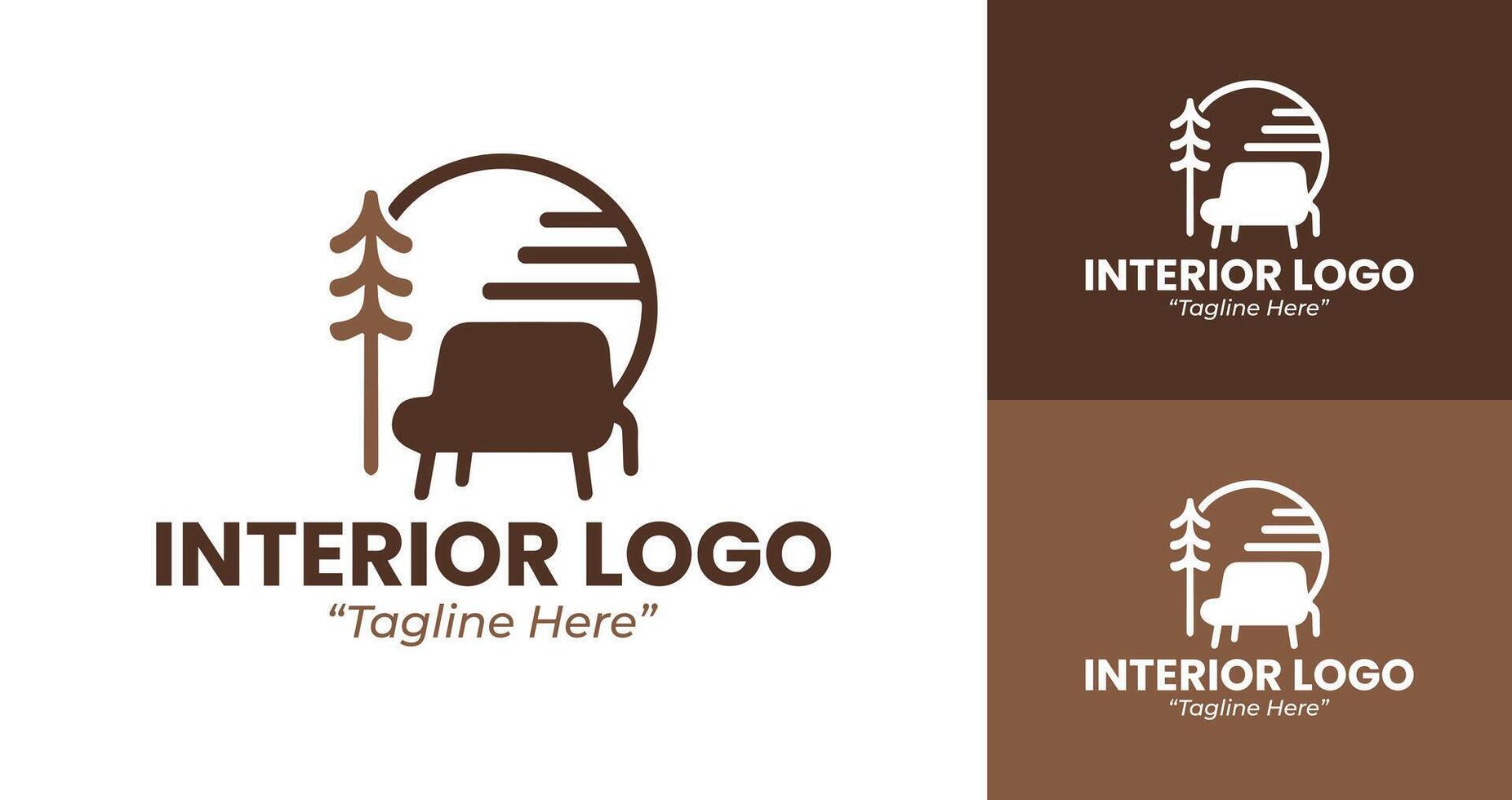 Modern Interior Design Logo with Sofa and Tree Elements in Brown and White vector