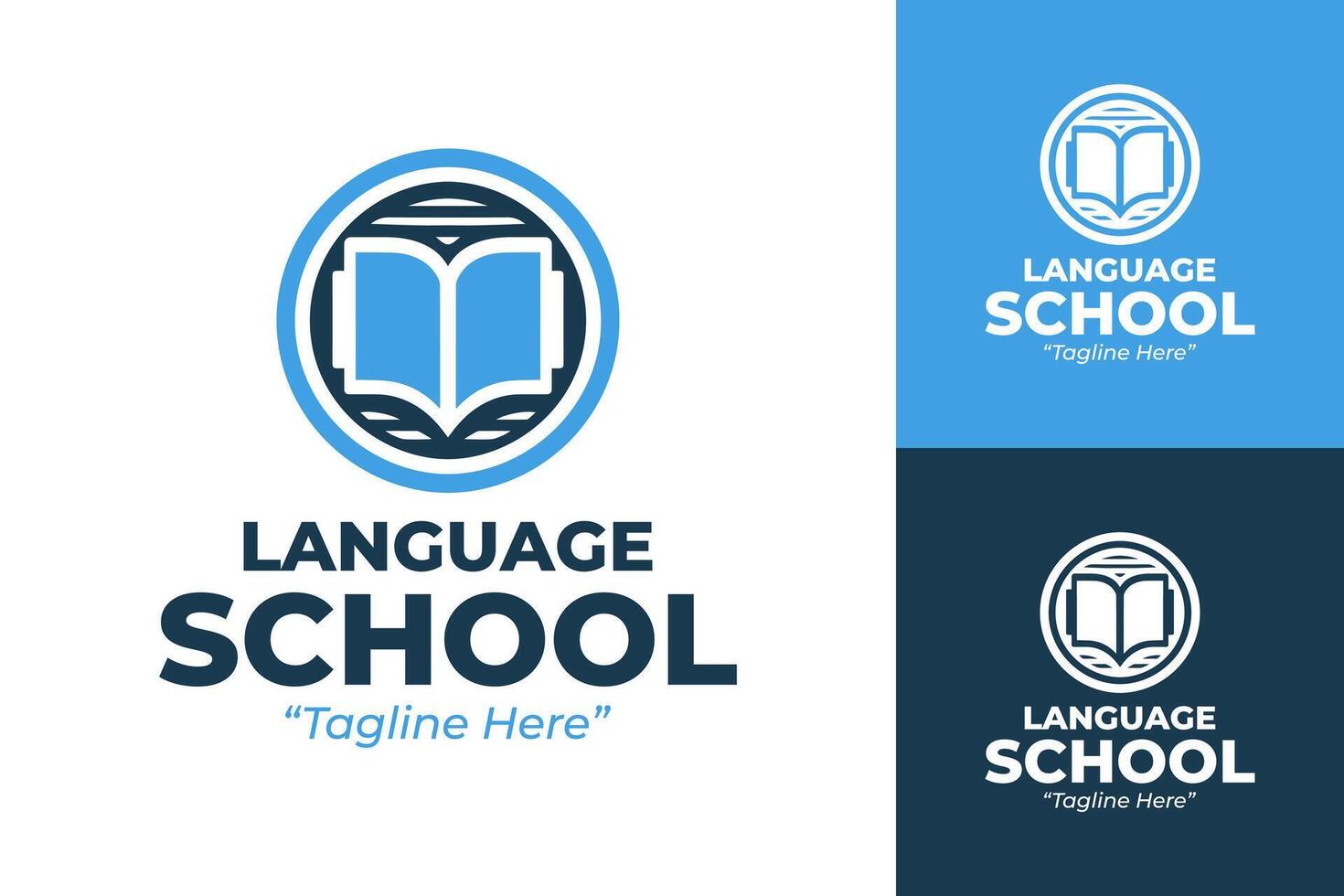 Professional Language School Logo with Open Book and Waves in Blue and White vector