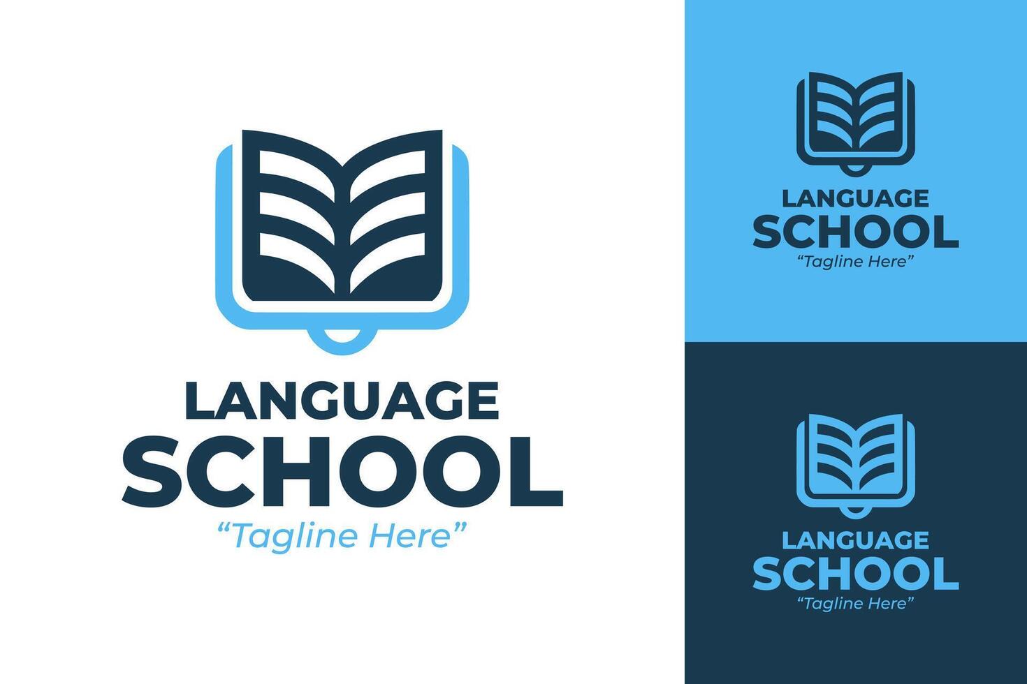 Creative Language School Logo with Open Book and Learning Icon in Blue and White vector