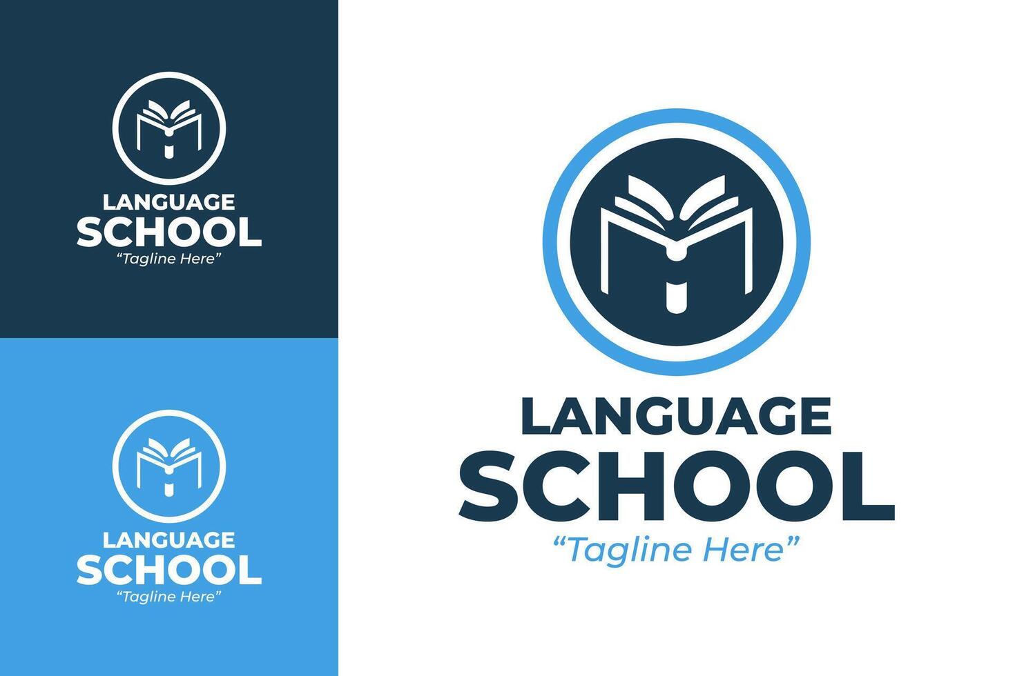 Sleek and Creative Language School Logo with Open Book and Waves in Blue and Dark Blue vector