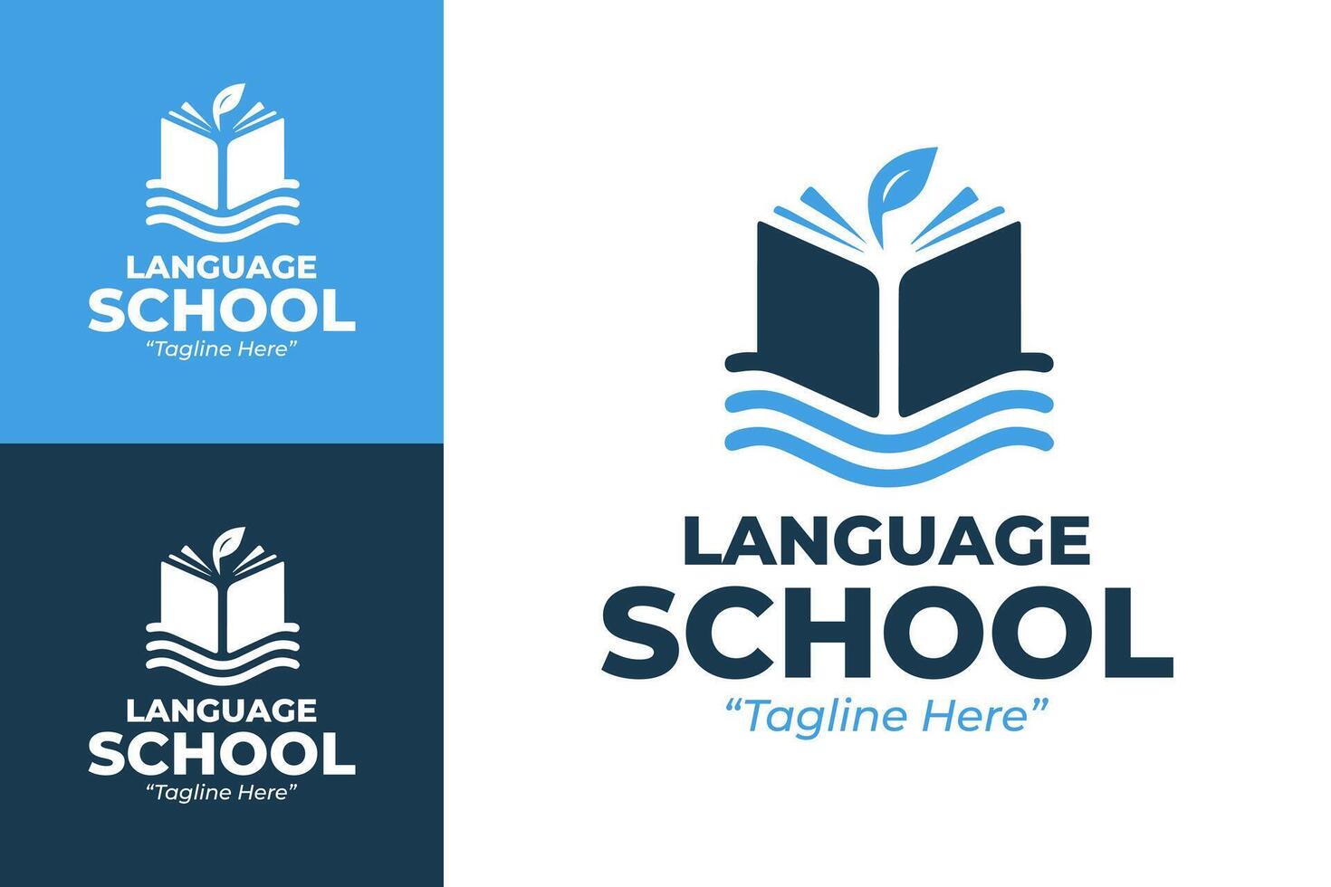 Modern and Clean Language School Logo Featuring Open Book and Leaf in Blue and White vector