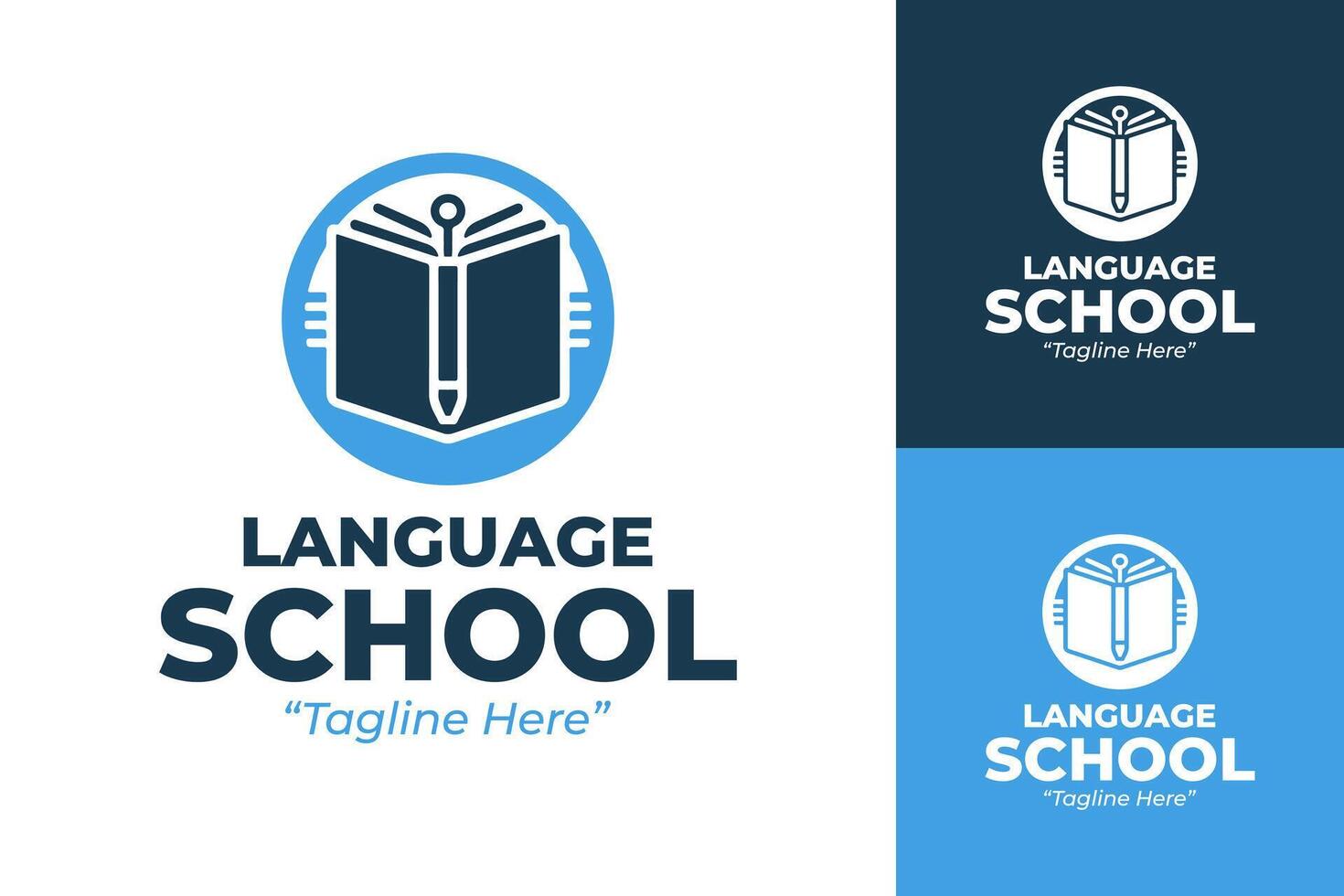 Unique Language School Logo with Open Book, Pen, and Pencil in Blue and White vector