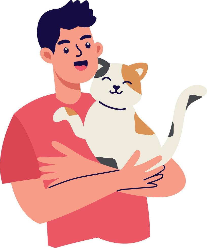 People Character with Cute Cat. in Flat Design. vector