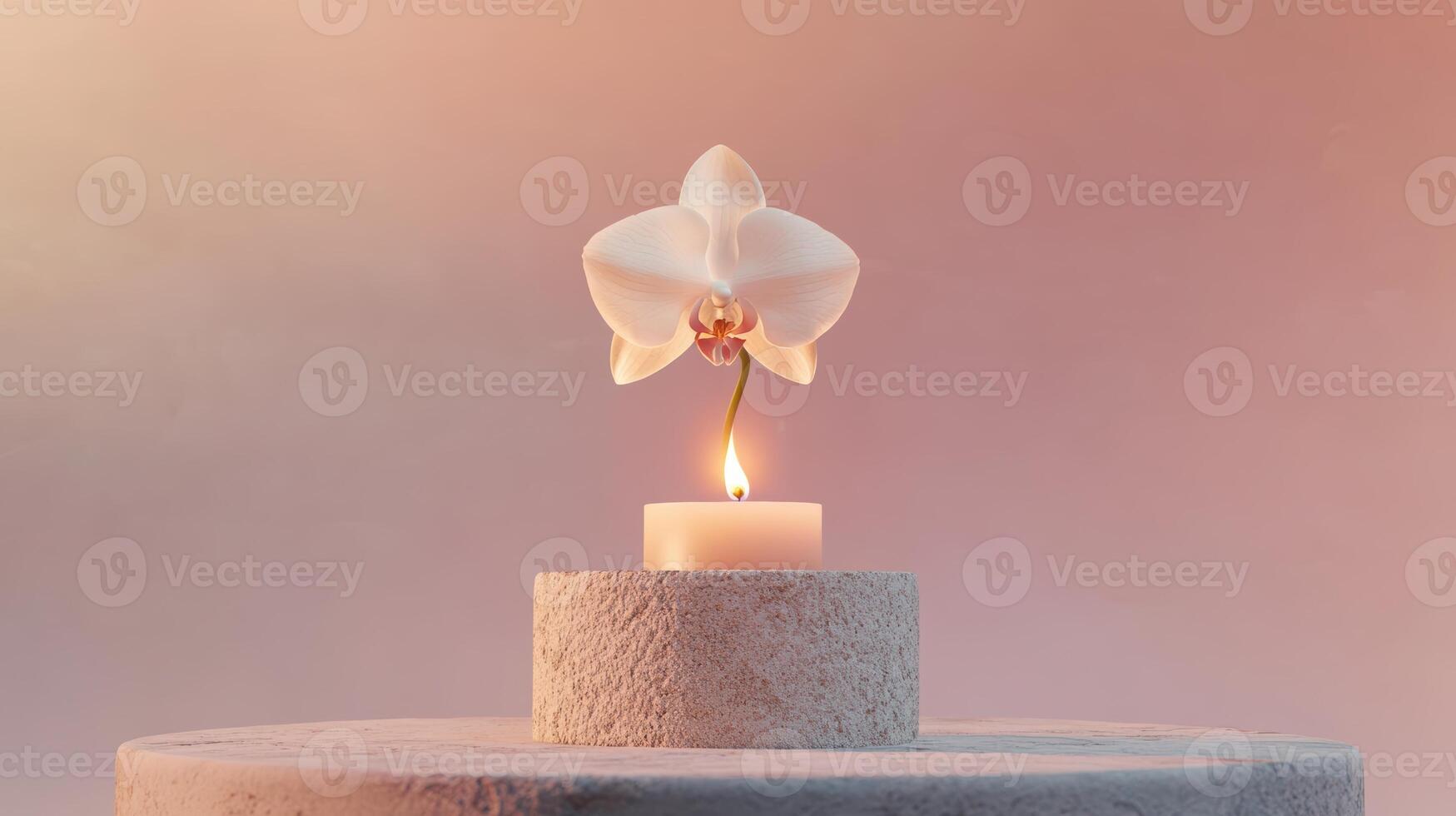 Serene white orchid balancing elegantly above a lit candle on a stone pedestal in a soft pink and orange gradient background. Spa accessory composition set in spa hotel photo