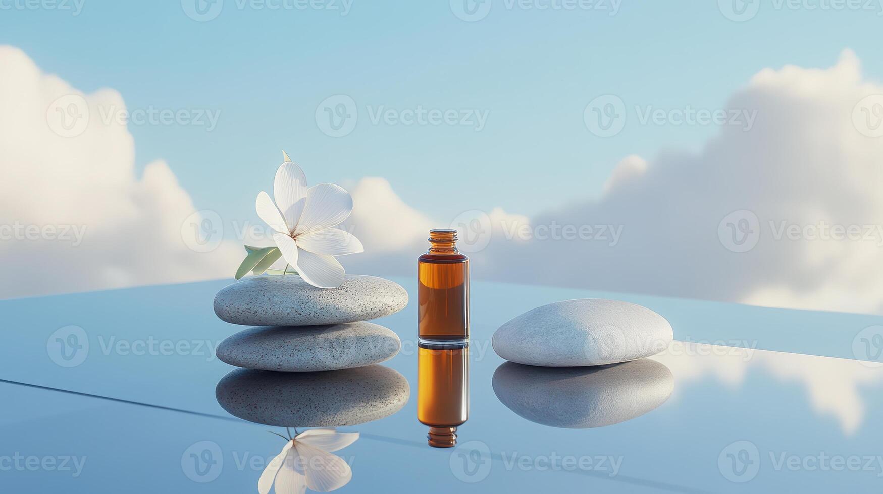Serene spa setting with aromatherapy oil, white flower, and smooth stones reflected on glassy surface against blue sky. Spa accessory composition set in spa hotel photo