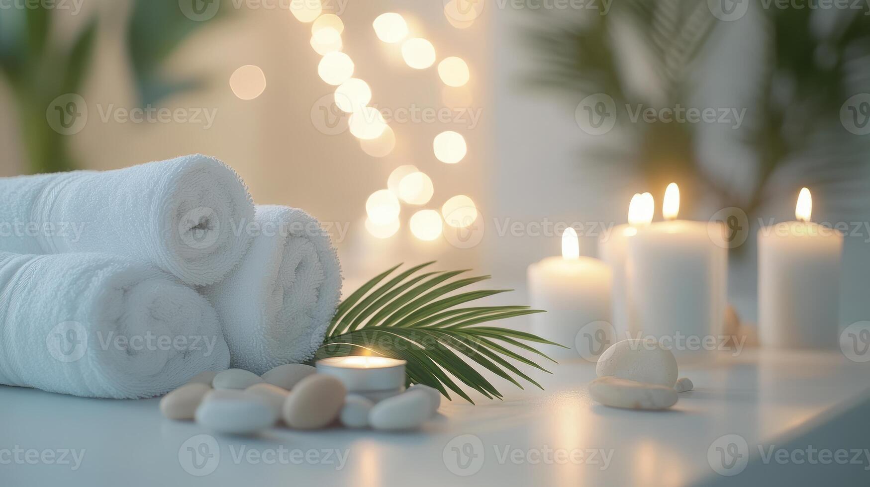 Serene spa setting with rolled white towels, lit candles, and smooth stones for a relaxing and calming atmosphere. Spa accessory composition set in spa hotel photo