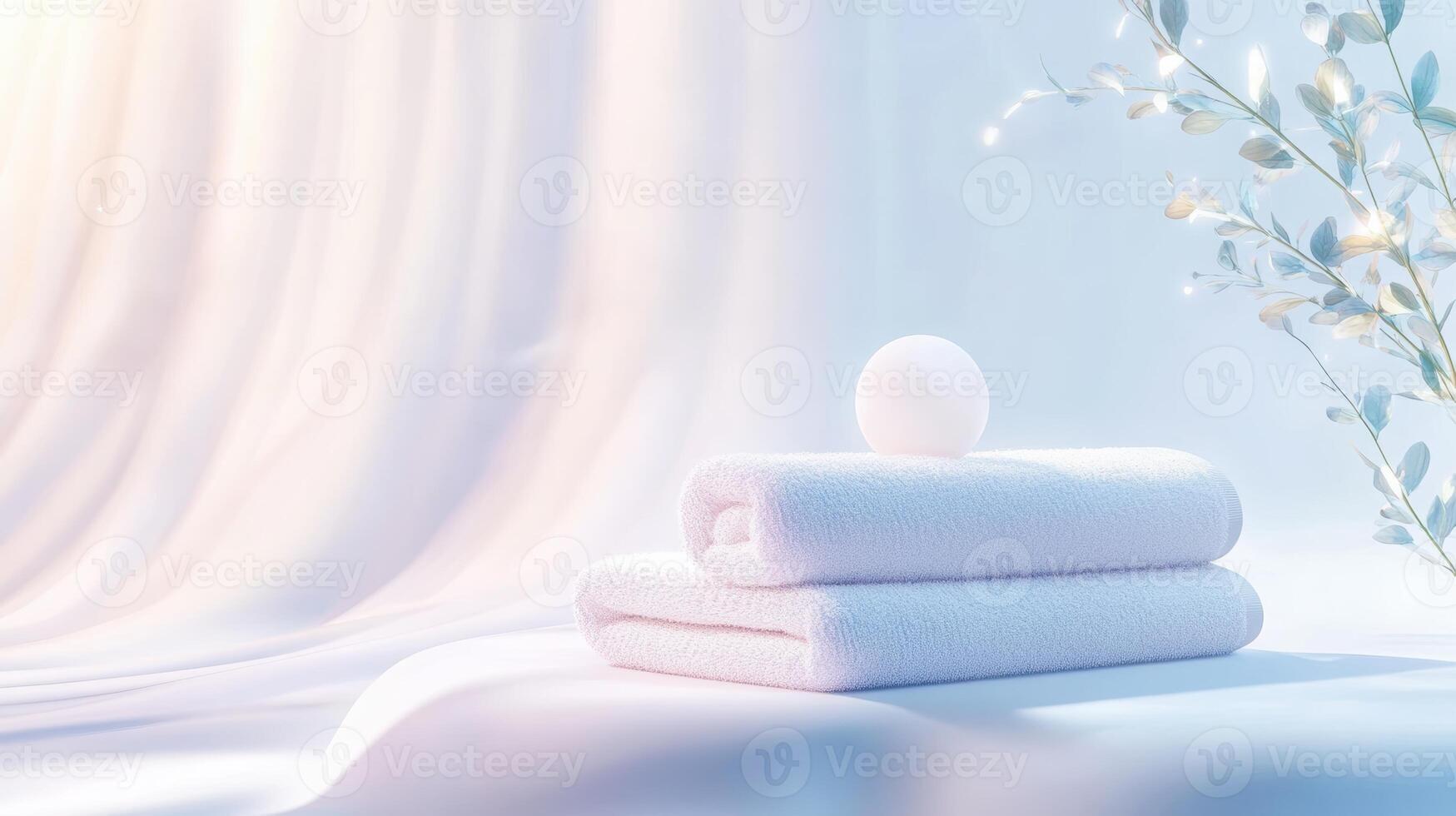 Serene bath setting with soft white towels and glowing orb on elegant draped background with delicate branches enhancing a calm atmosphere. Spa accessory composition set in spa hotel photo