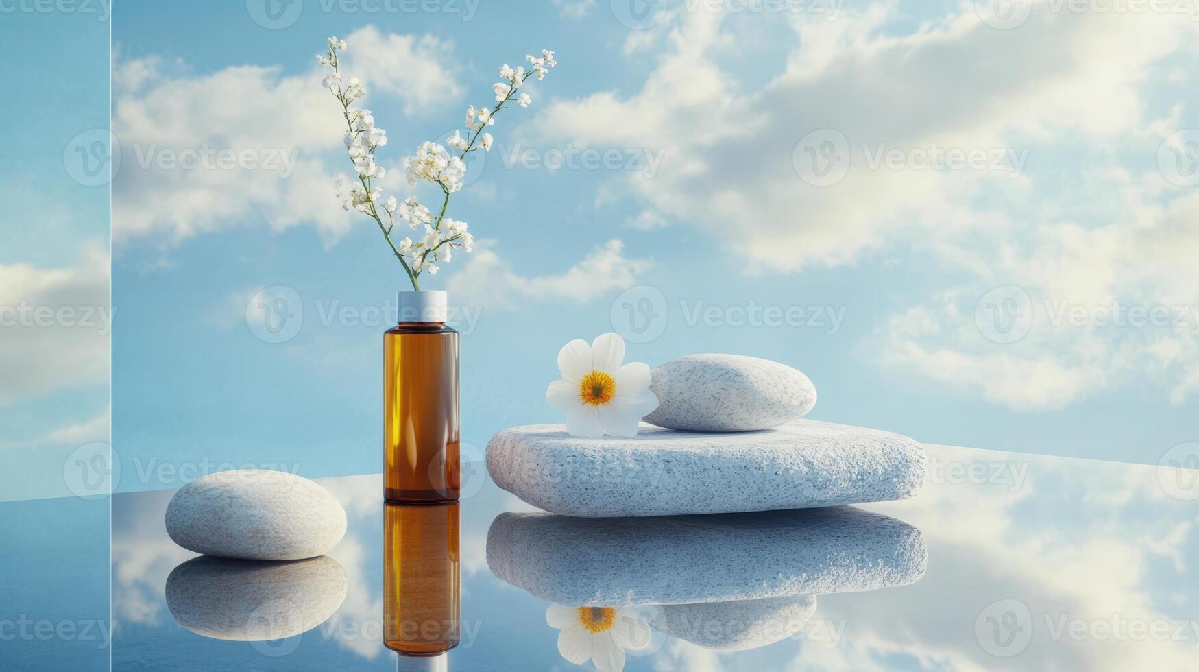 Tranquil still life with serene blue sky background featuring stone objects, white flower, and brown bottle reflected on a glass surface. Spa accessory composition set in spa hotel photo