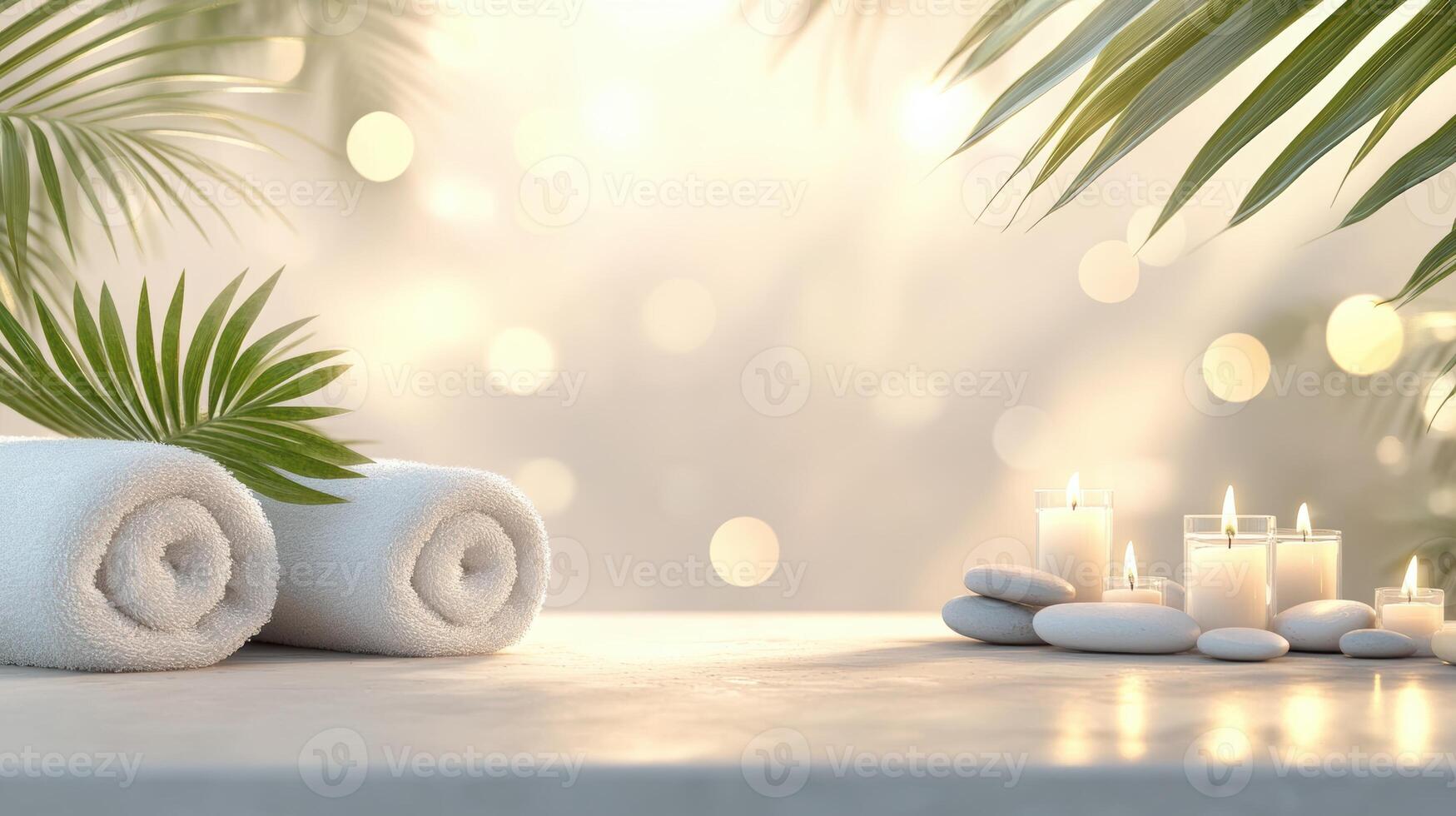 Serene spa setting with white towels and lit candles surrounded by green palm leaves creating a calming tropical atmosphere. Spa accessory composition set in spa hotel photo