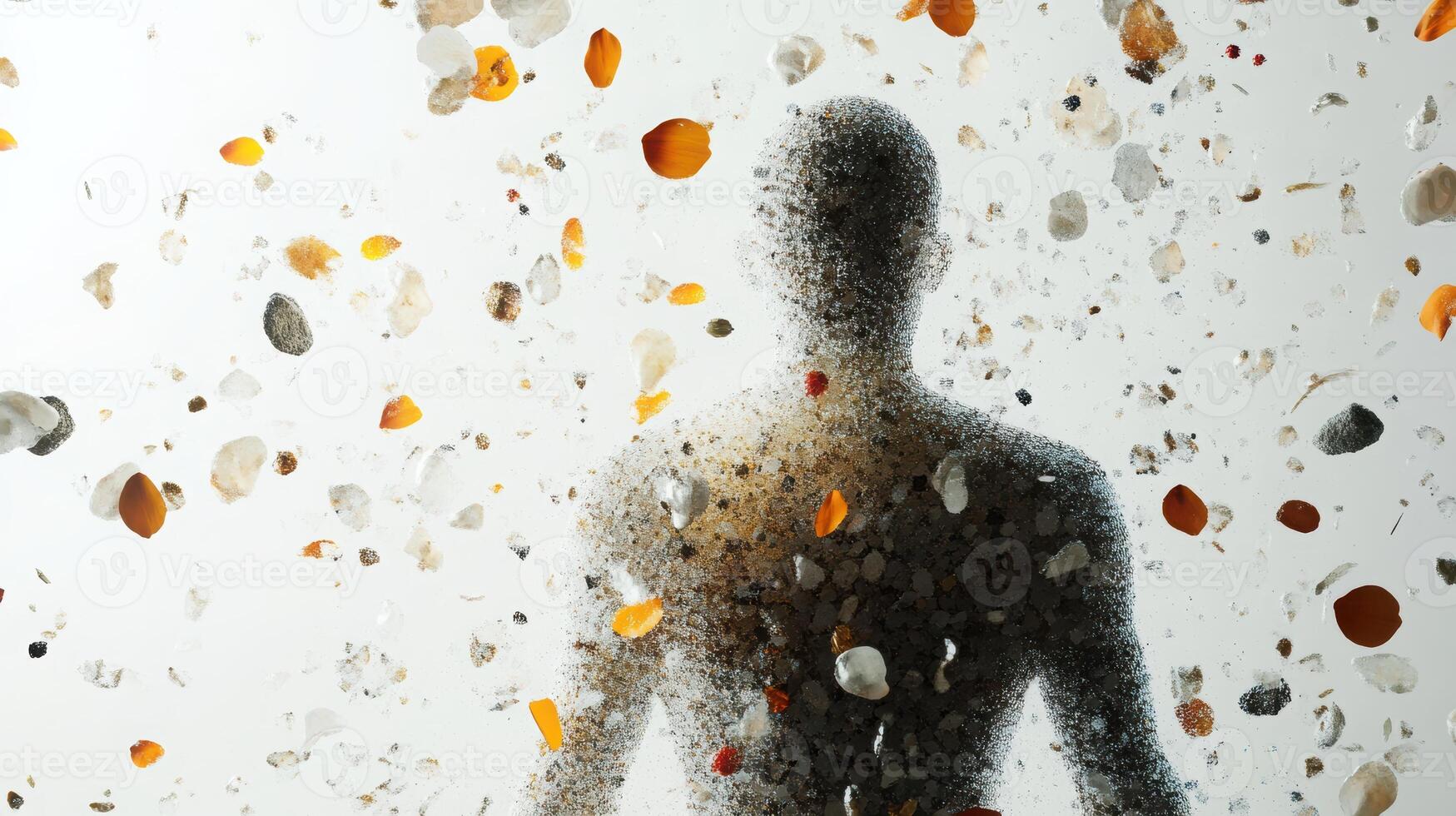 Abstract portrait of male figure surrounded by floating fragments and petals in a dynamic expression of movement and transformation. Spa accessory composition set in spa hotel photo