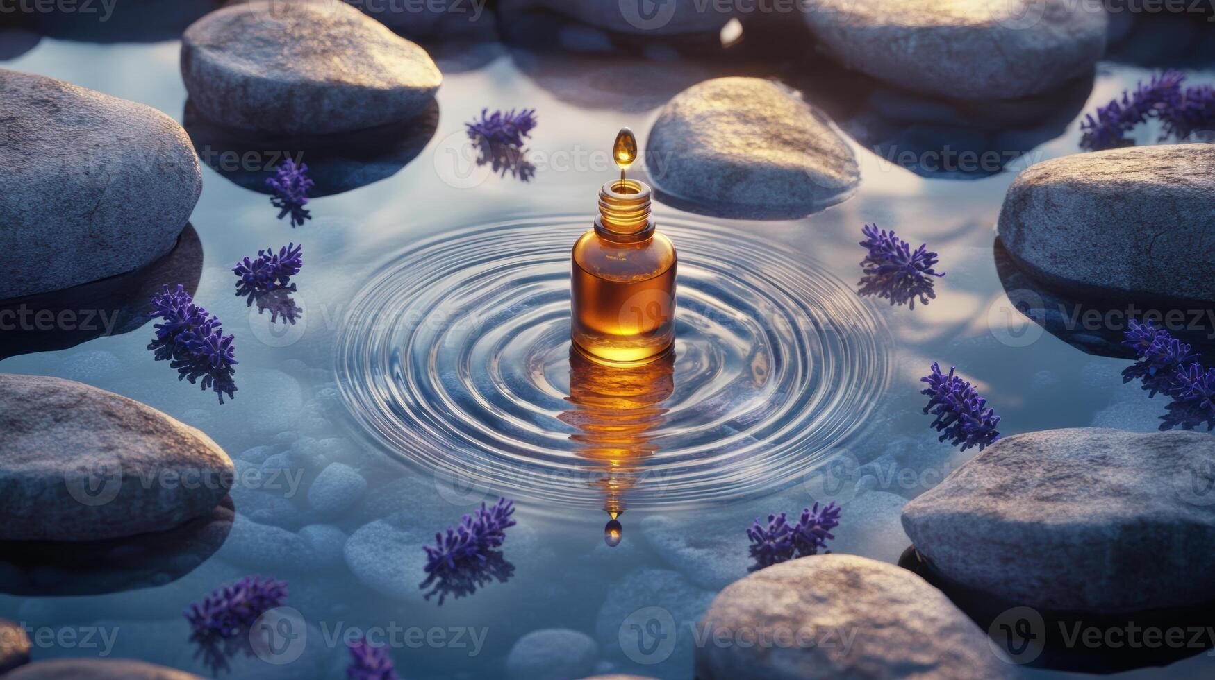 Serene aromatherapy scene with amber glass bottle amidst calming stones and lavender blossoms in tranquil water ripples at sunset. Spa accessory composition set in spa hotel photo