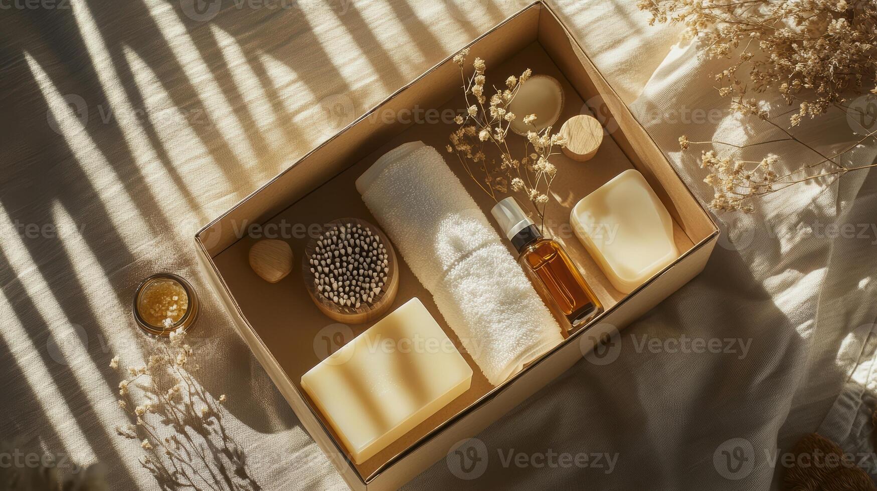 Luxurious spa gift set featuring essential oil, natural soaps, and soft towel in sunlit box with elegant dried flowers for a relaxing retreat. Spa accessory composition set in spa hotel photo