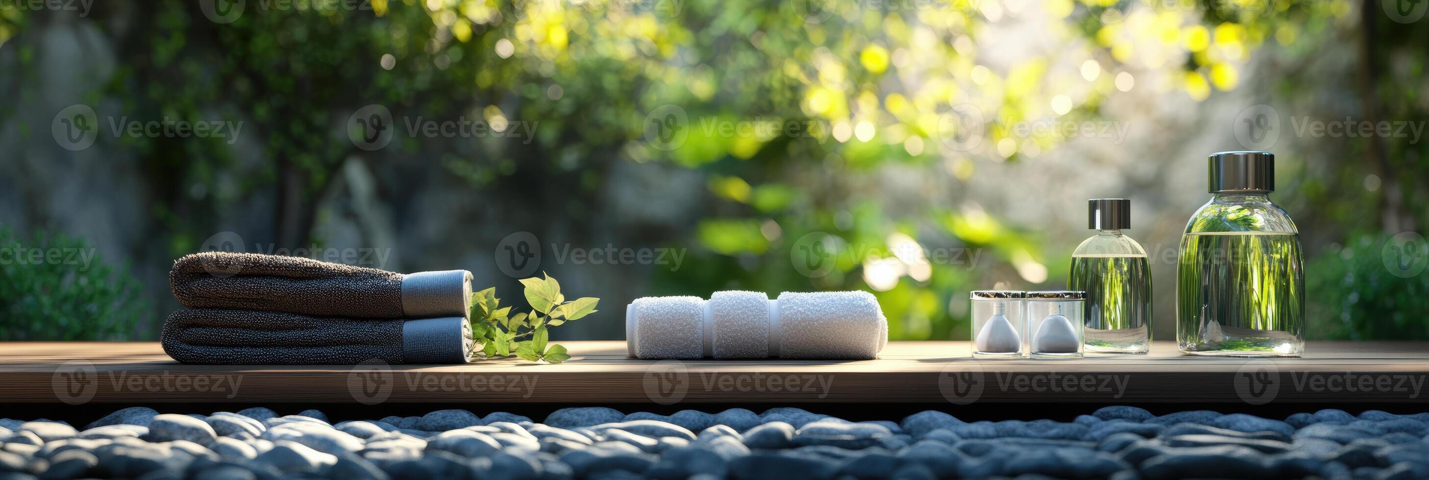 Luxurious spa setting with towels and essential oils on a pebble surface surrounded by lush greenery in tranquil natural light. Spa accessory composition set in spa hotel photo