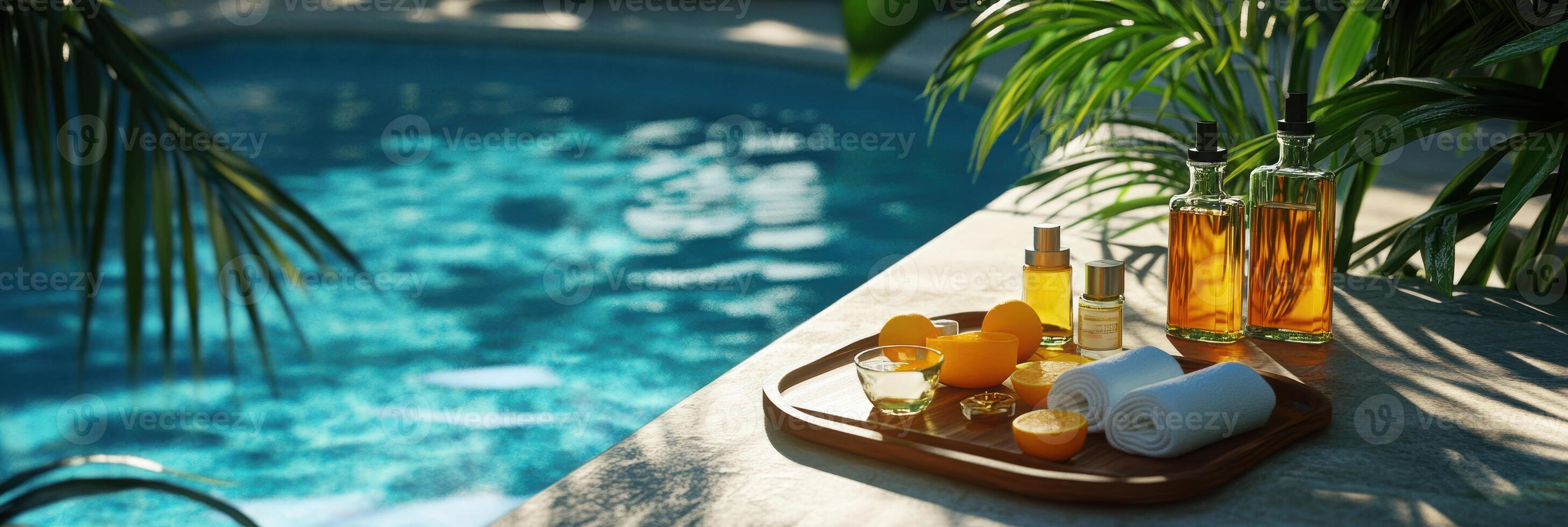 Tropical oasis, luxurious spa setting with citrus aromatherapy and relaxing poolside vibes for a refreshing summer escape. Spa accessory composition set in spa hotel photo