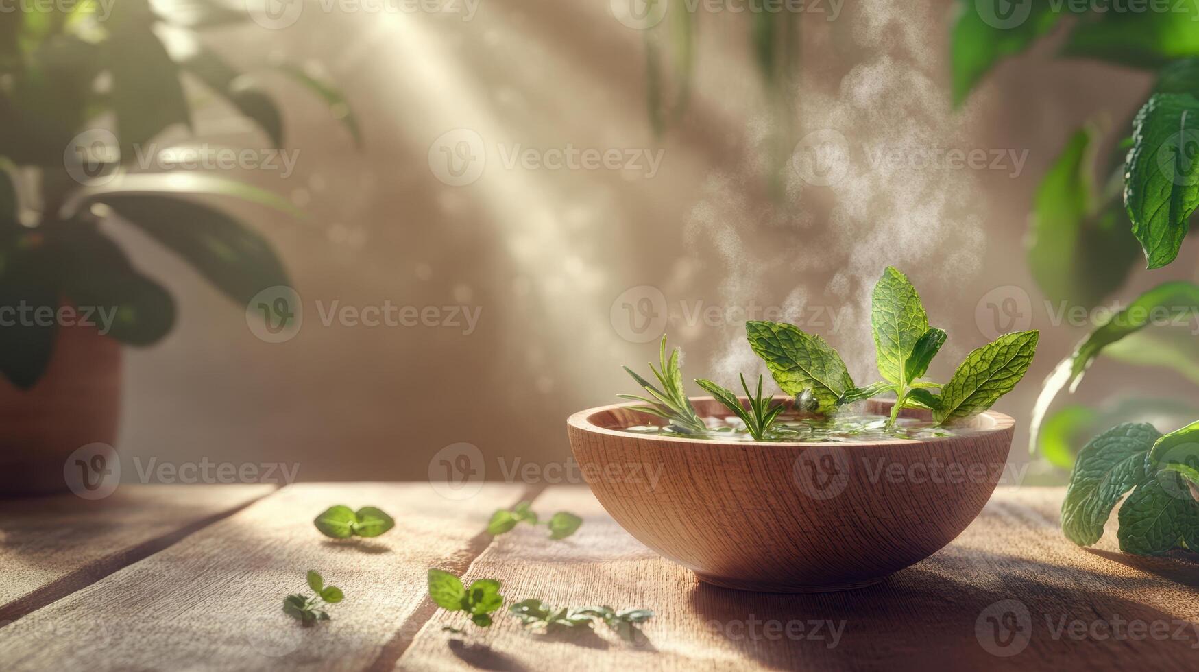 Aromatic herbal tea in wooden bowl, infused with fresh mint and rosemary leaves, on sunlit wooden table surrounded by verdant greenery. Spa accessory composition set in spa hotel photo