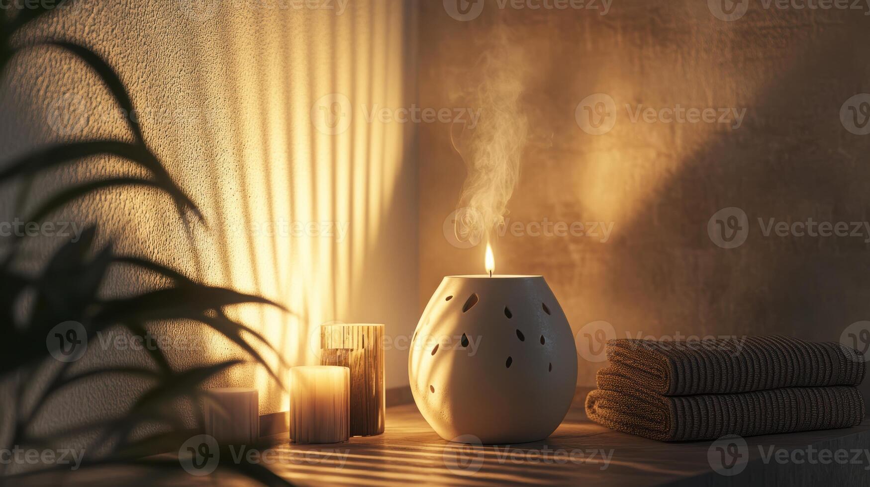 Warm glow of candlelight in a cozy relaxation space with decorative aromatic elements and natural textures for tranquil ambience. Spa accessory composition set in spa hotel photo
