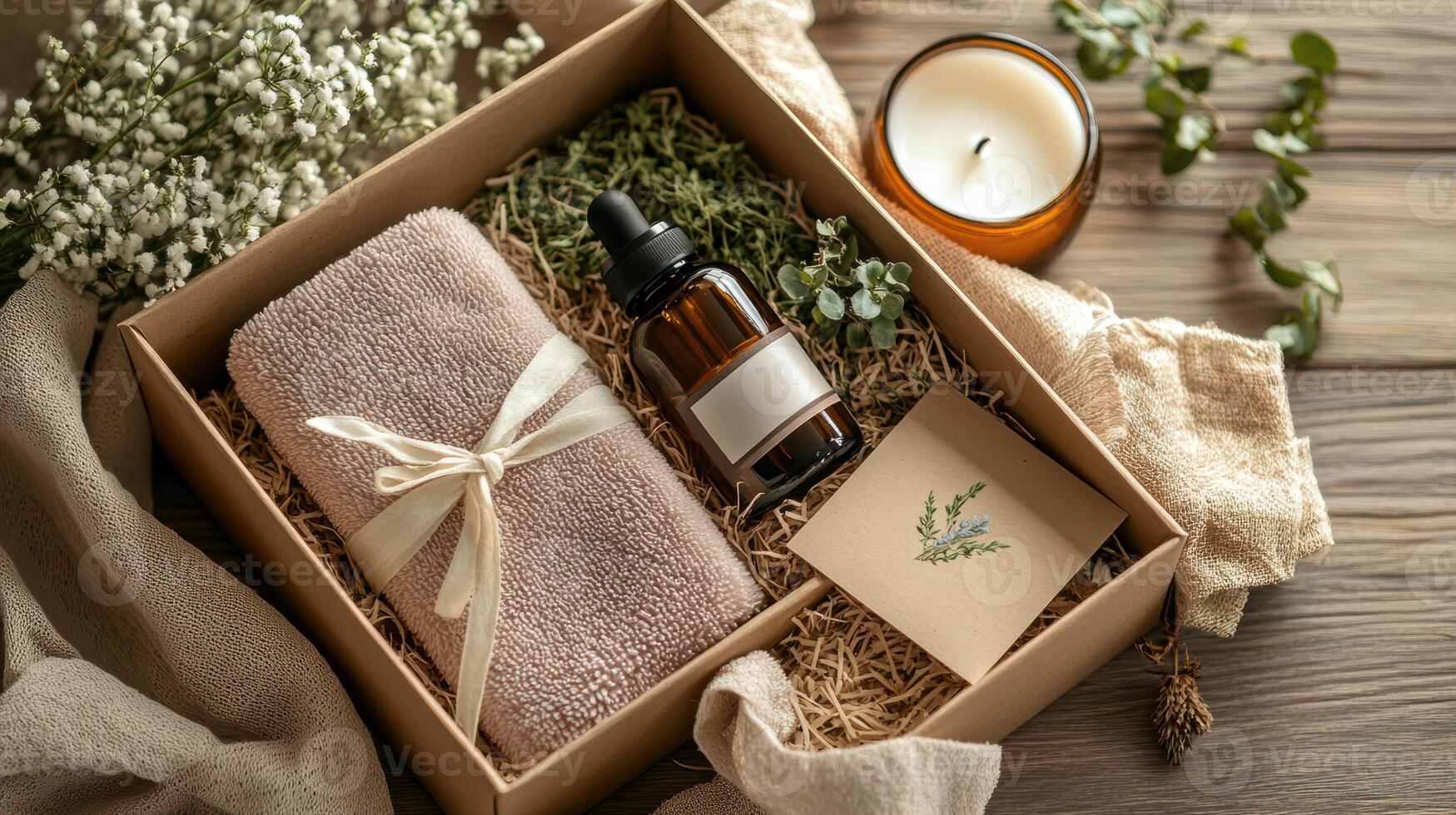 Luxury spa gift box with essential oil bottle, beige towel, and candle for relaxation and aromatherapy on rustic wooden tabletop setting. Spa accessory composition set in spa hotel photo