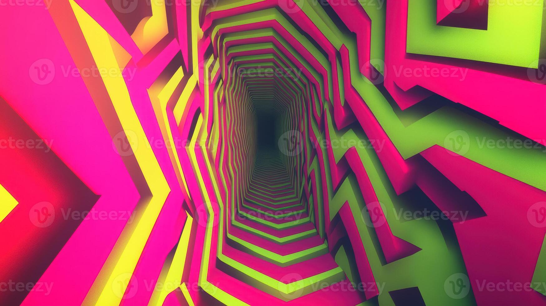 Vibrant neon tunnel with dynamic pink, green, and yellow geometric patterns creates an illusion of infinite depth and visual hypnosis. Background texture with funky vibes photo