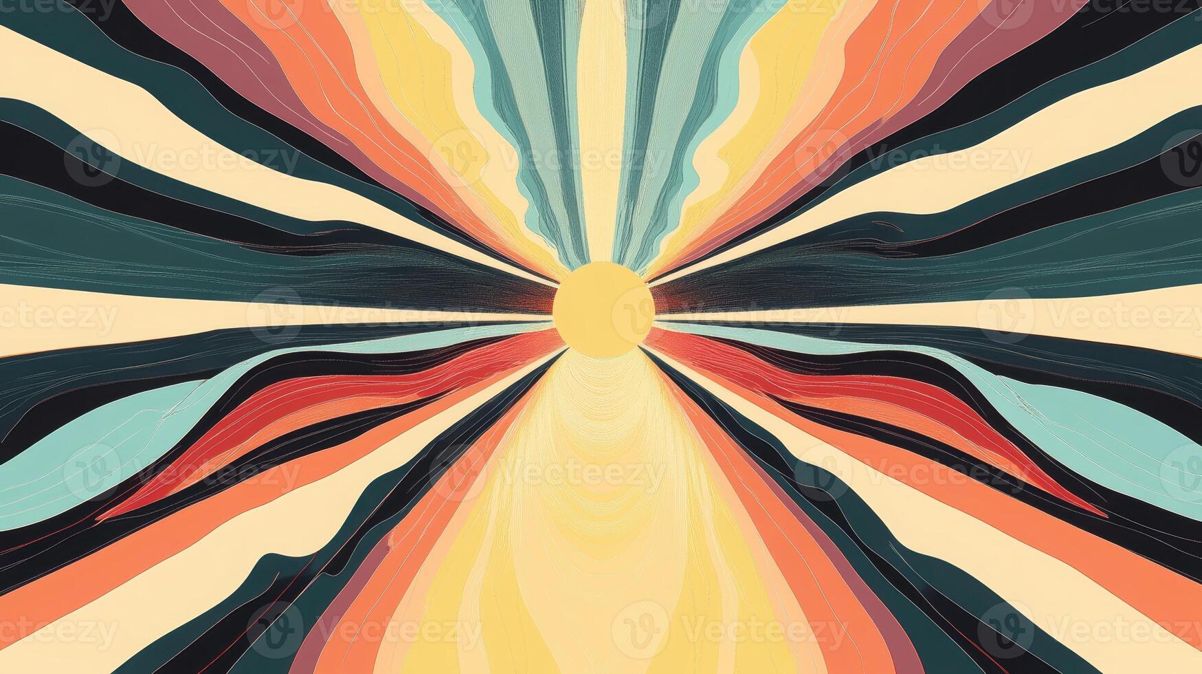 Abstract artwork featuring a radiant yellow sun with colorful rays in vibrant hues of red, blue, and orange creating a dynamic visual experience. Background texture with funky vibes photo