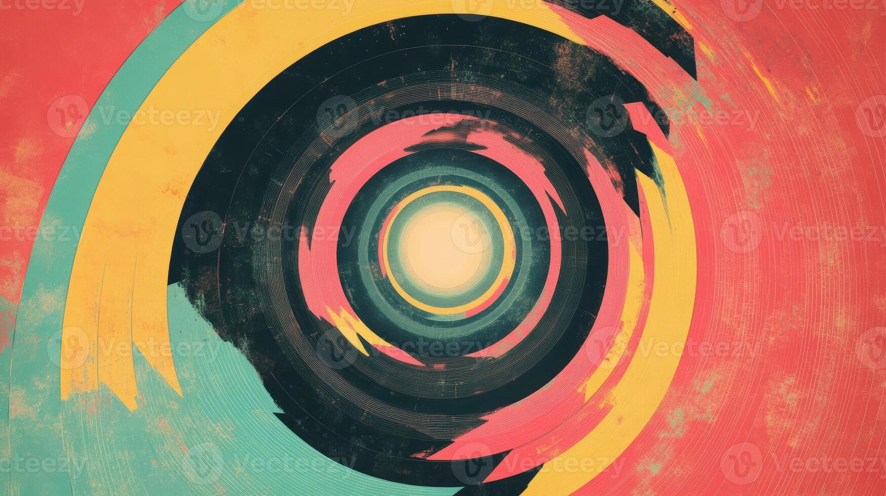 Abstract retro-inspired geometric swirl with vibrant yellow, red, blue, and black concentric circles creates dynamic visual depth. Background texture with funky vibes photo
