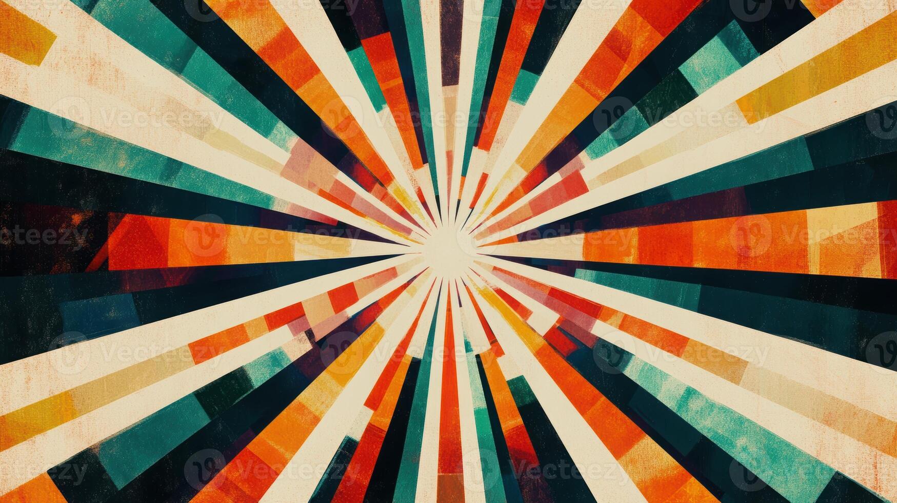 Abstract geometric explosion with vibrant radial patterns and multicolored concentric stripes in retro vintage style art. Background texture with funky vibes photo