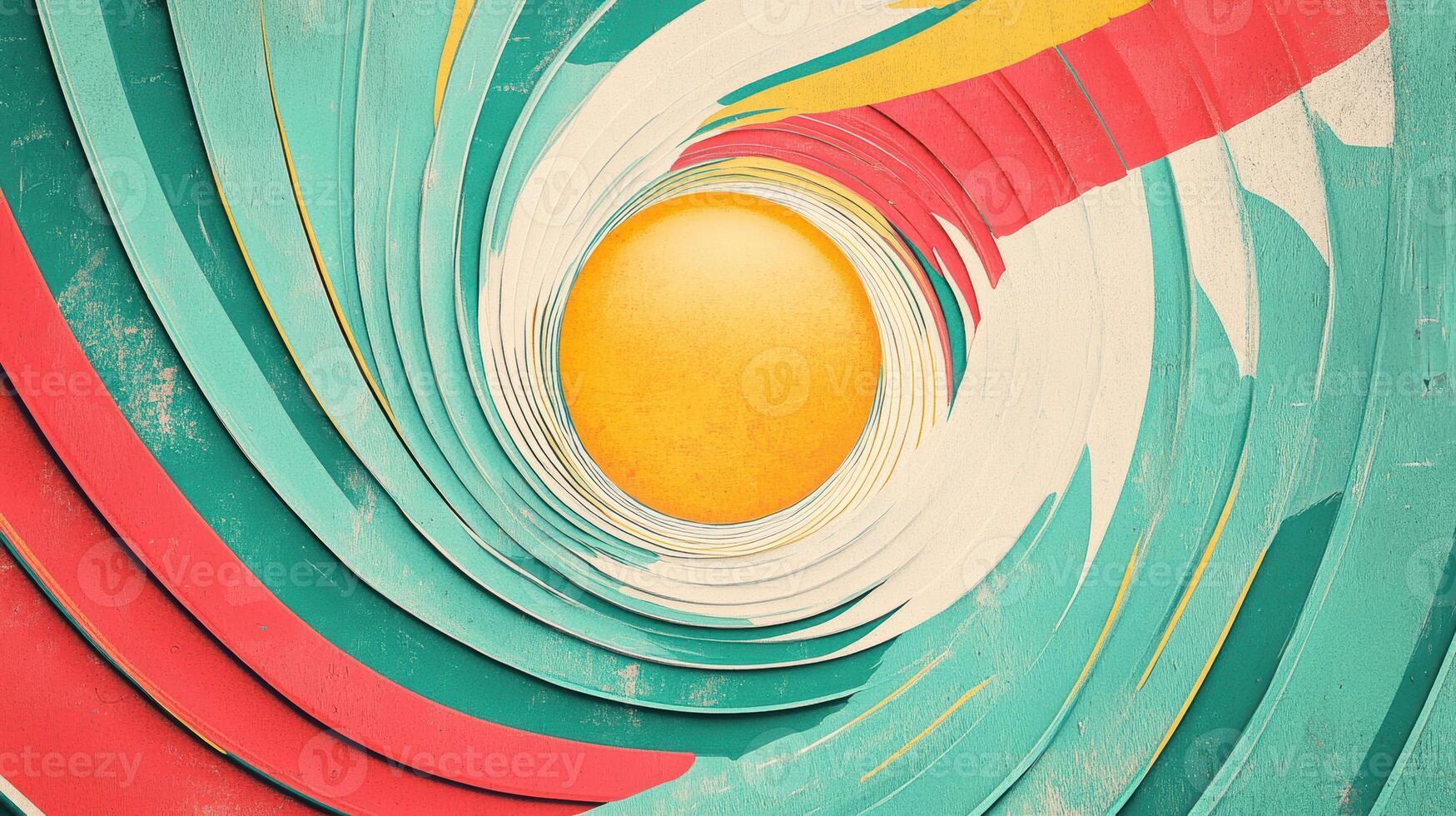 Abstract surreal design with vibrant spirals and central yellow sphere in textured layers of red, green, and blue hues creating depth. Background texture with funky vibes photo