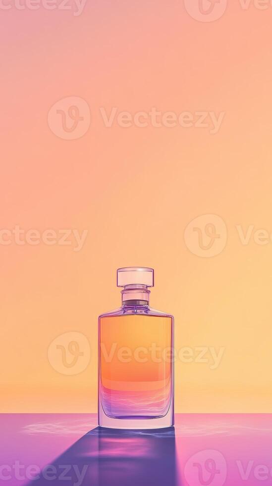 Elegant glass perfume bottle against a colorful gradient background of peach and purple hues with reflective surface displaying shadows photo