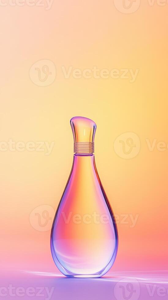 Elegant glass perfume bottle displayed against a vibrant gradient background with soft pastel hues and light reflections photo