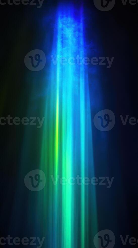 Ethereal blue and green light beams radiating through dark space creating a mystical and serene atmosphere with glowing abstract patterns photo