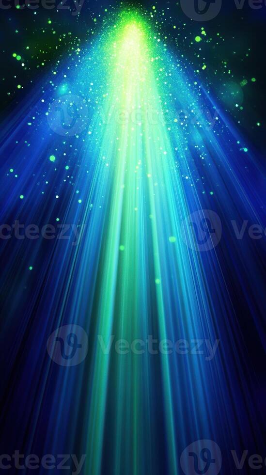 Mesmerizing green and blue light beams emanating from a luminous source in the night sky captivates with intensity and radiance photo