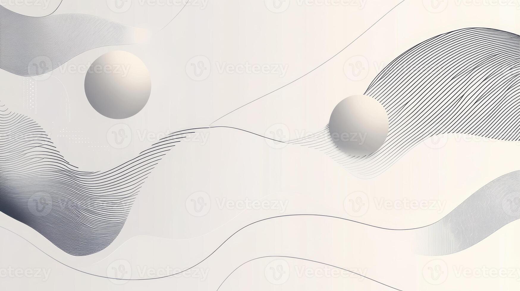 Modern abstract art with curved lines and spheres on a minimalist beige background highlighting dynamic movement and balance photo