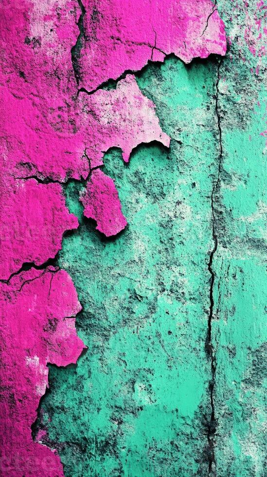 Vibrant pink and turquoise cracked wall texture featuring bold peeling paint in a stylish abstract design perfect for modern urban art. photo