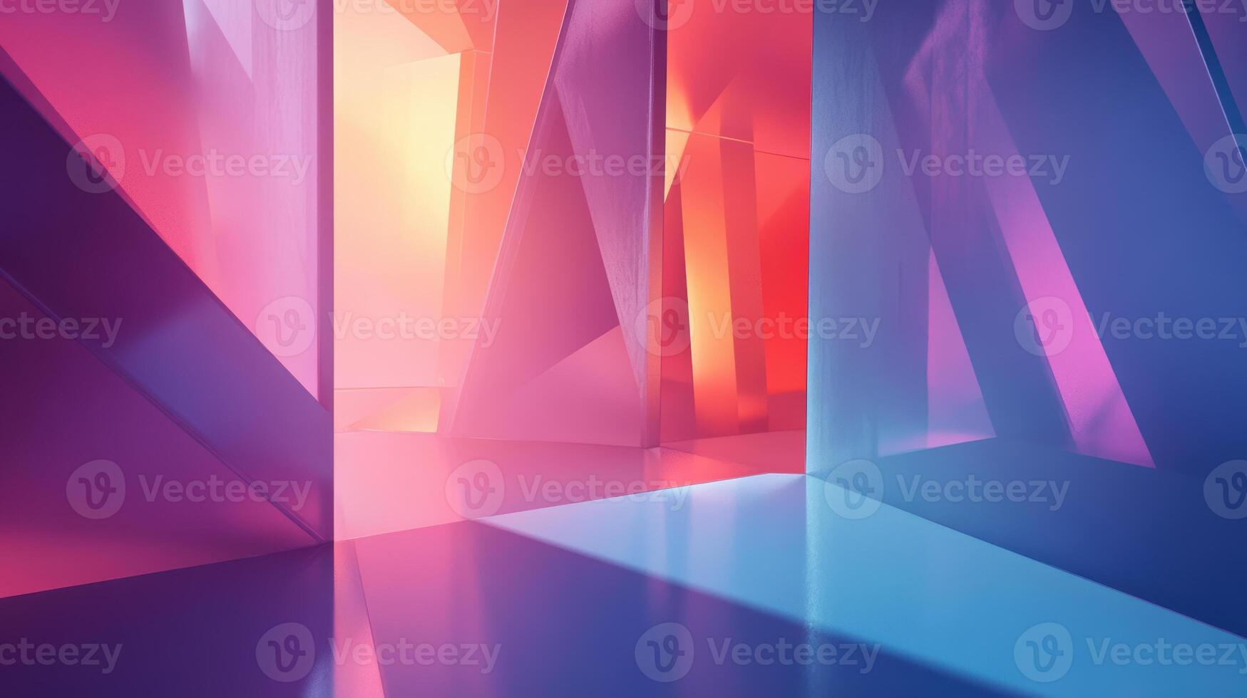 Abstract geometric reflections in vibrant hues of pink, blue, and purple with subtle sunlight creating a surreal modern art atmosphere photo