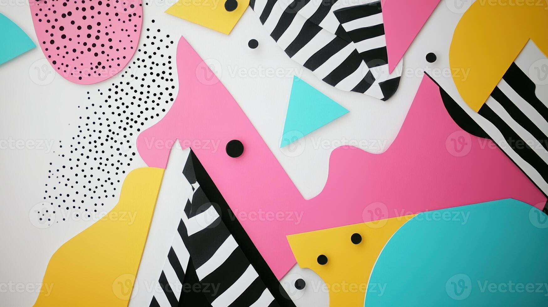 Abstract geometric artwork featuring bold pink, yellow, and turquoise shapes with stripes and dots on a white background for modern design photo
