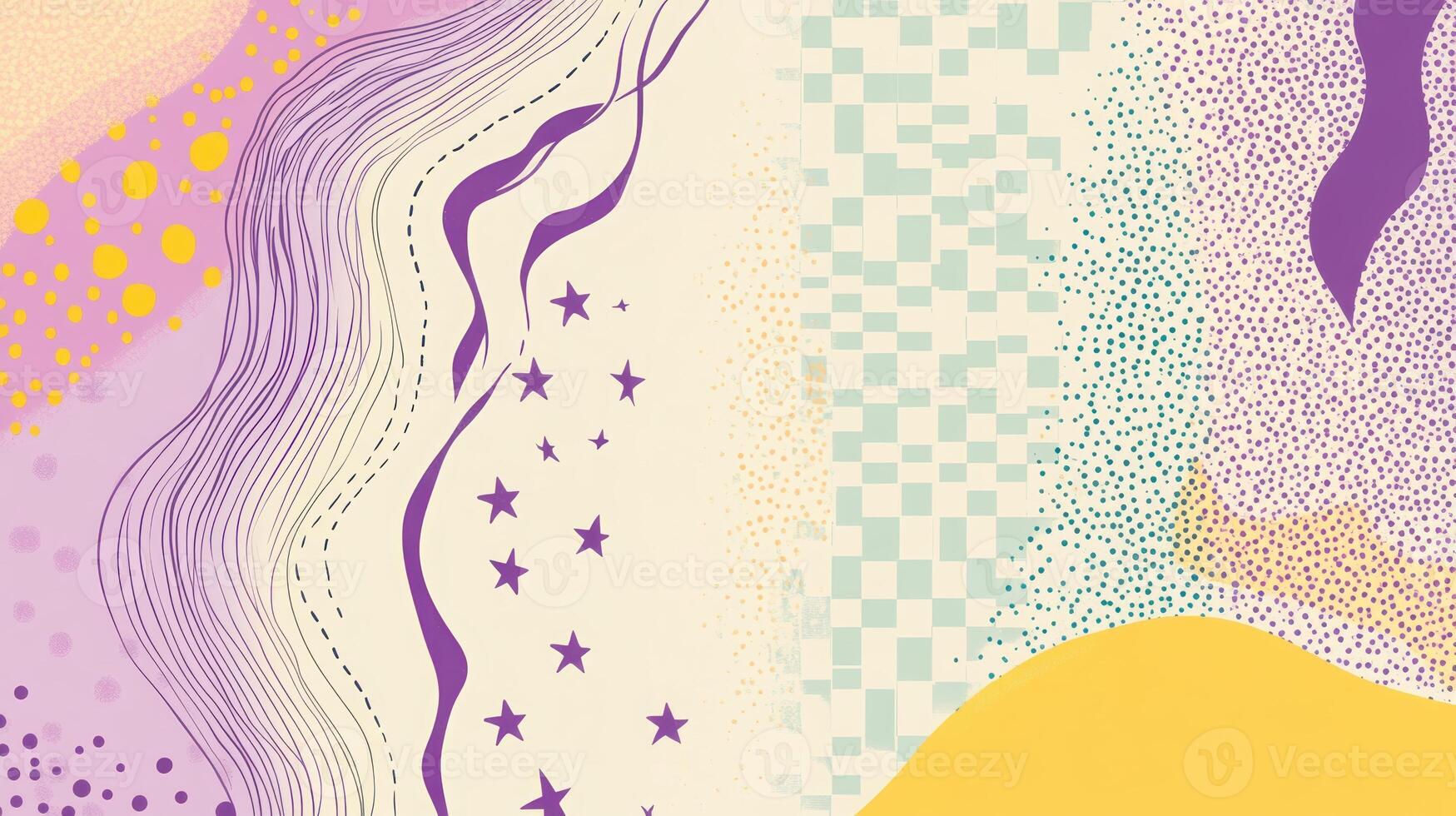Abstract minimalist art with purple and yellow geometric patterns and star motifs creating a playful, contemporary design photo
