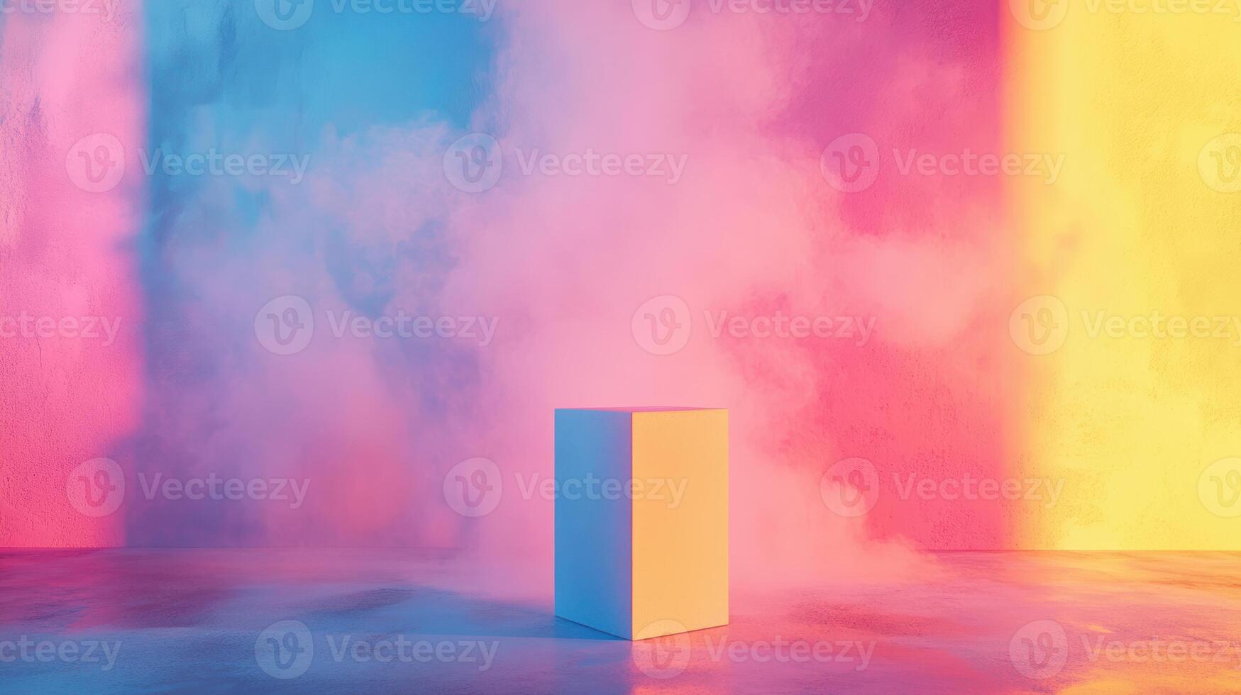 Vibrant gradient neon cube on reflective surface with colorful pink blue yellow smoke background in abstract art scene photo