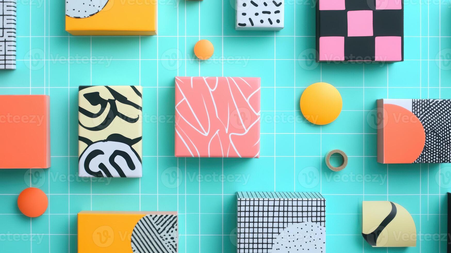 Bold geometric patterns on colorful boxes, abstract art with vibrant colors and dynamic shapes on a bright turquoise grid background photo