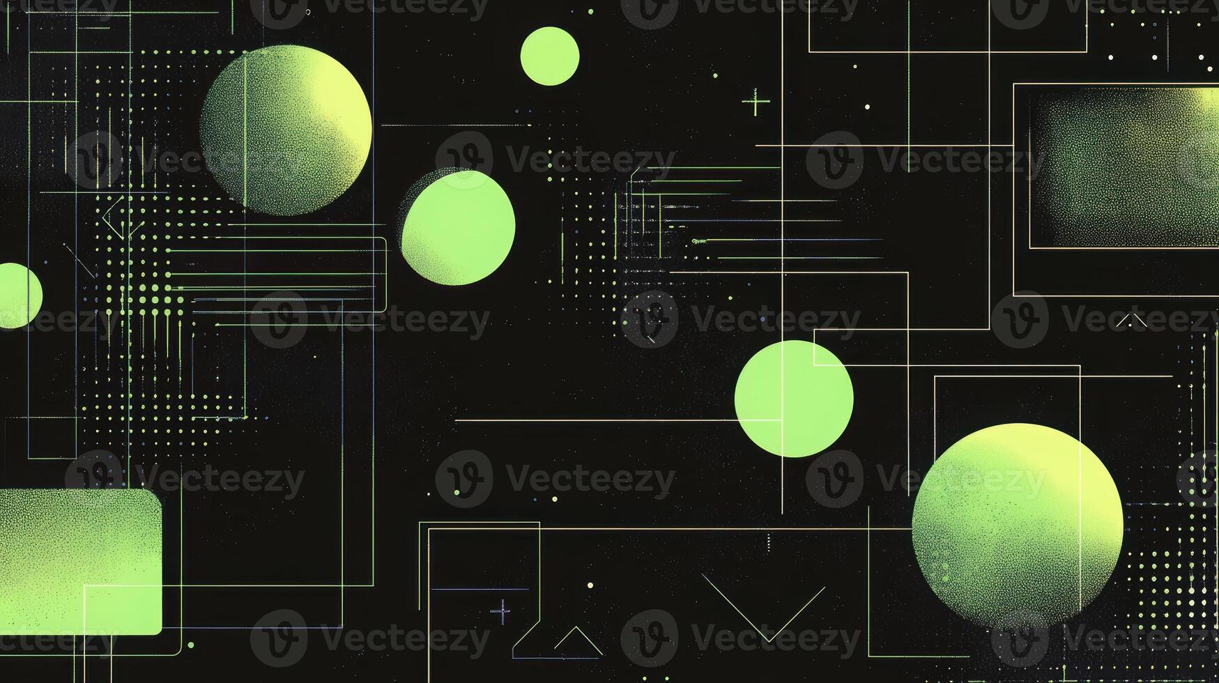 Abstract neon green geometric shapes on black background with circles and lines creating a futuristic tech aesthetic photo