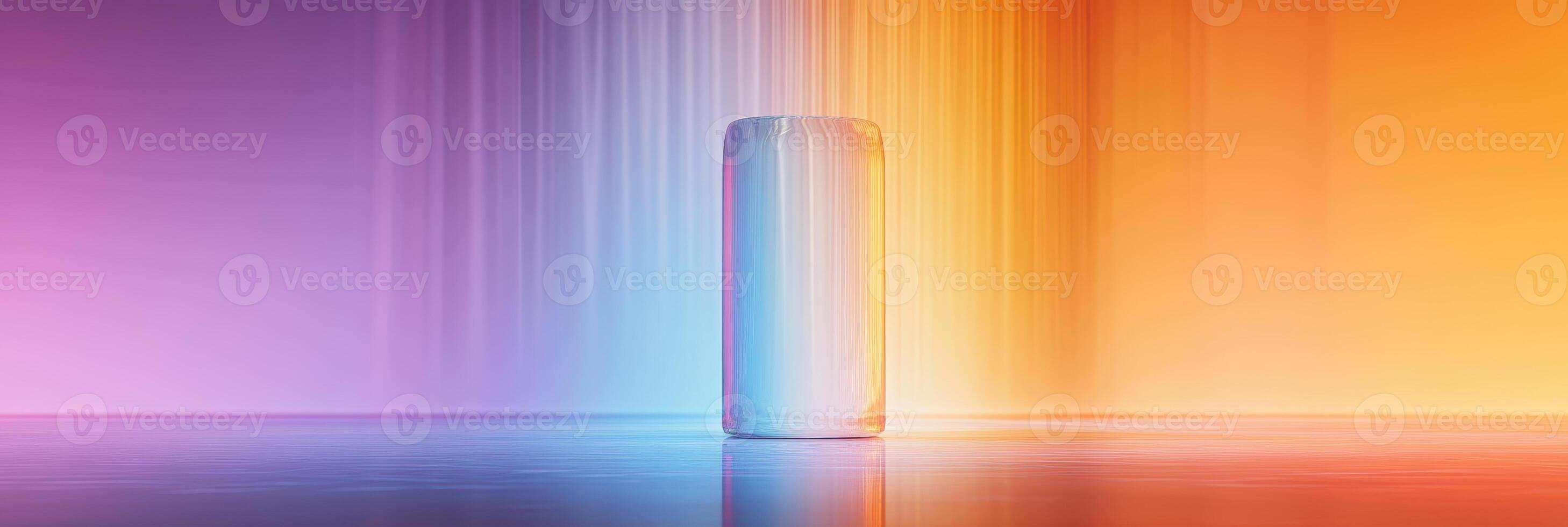 Sleek and modern aluminum can on gradient background in vibrant rainbow shades reflecting light and shadows in an abstract artistic style photo