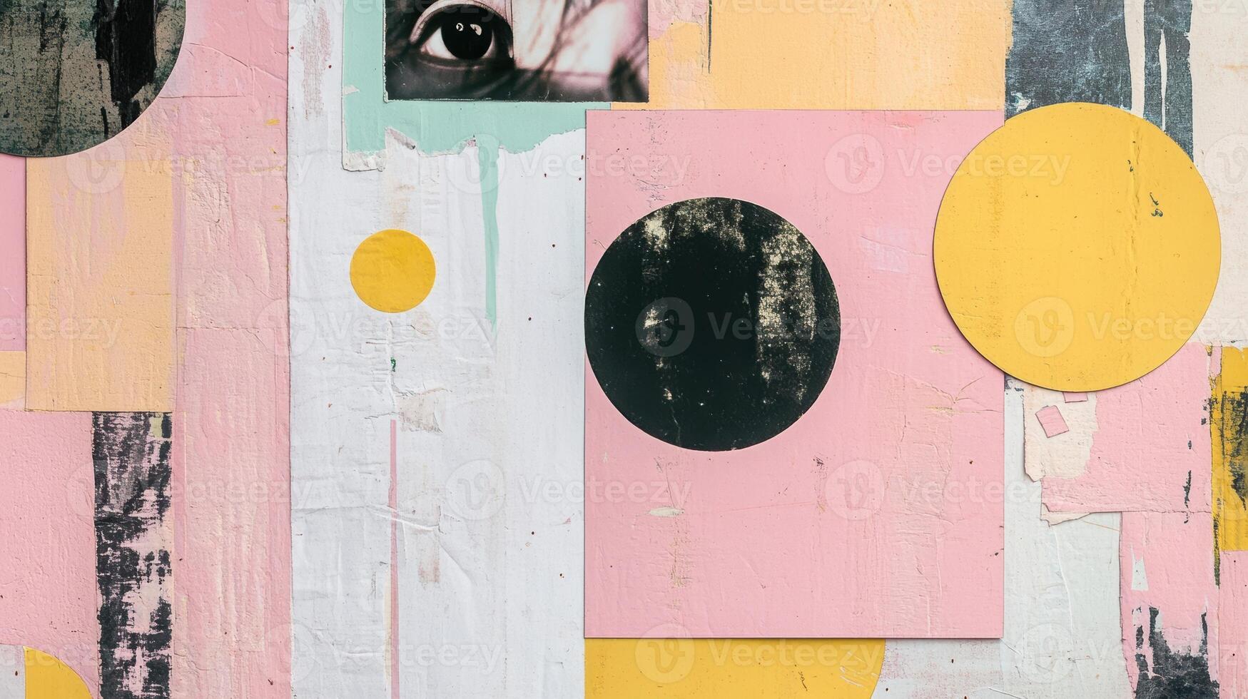 Abstract collage with geometric shapes featuring cutout eye highlighting bold contrasts in pink, yellow, and black textures and patterns photo