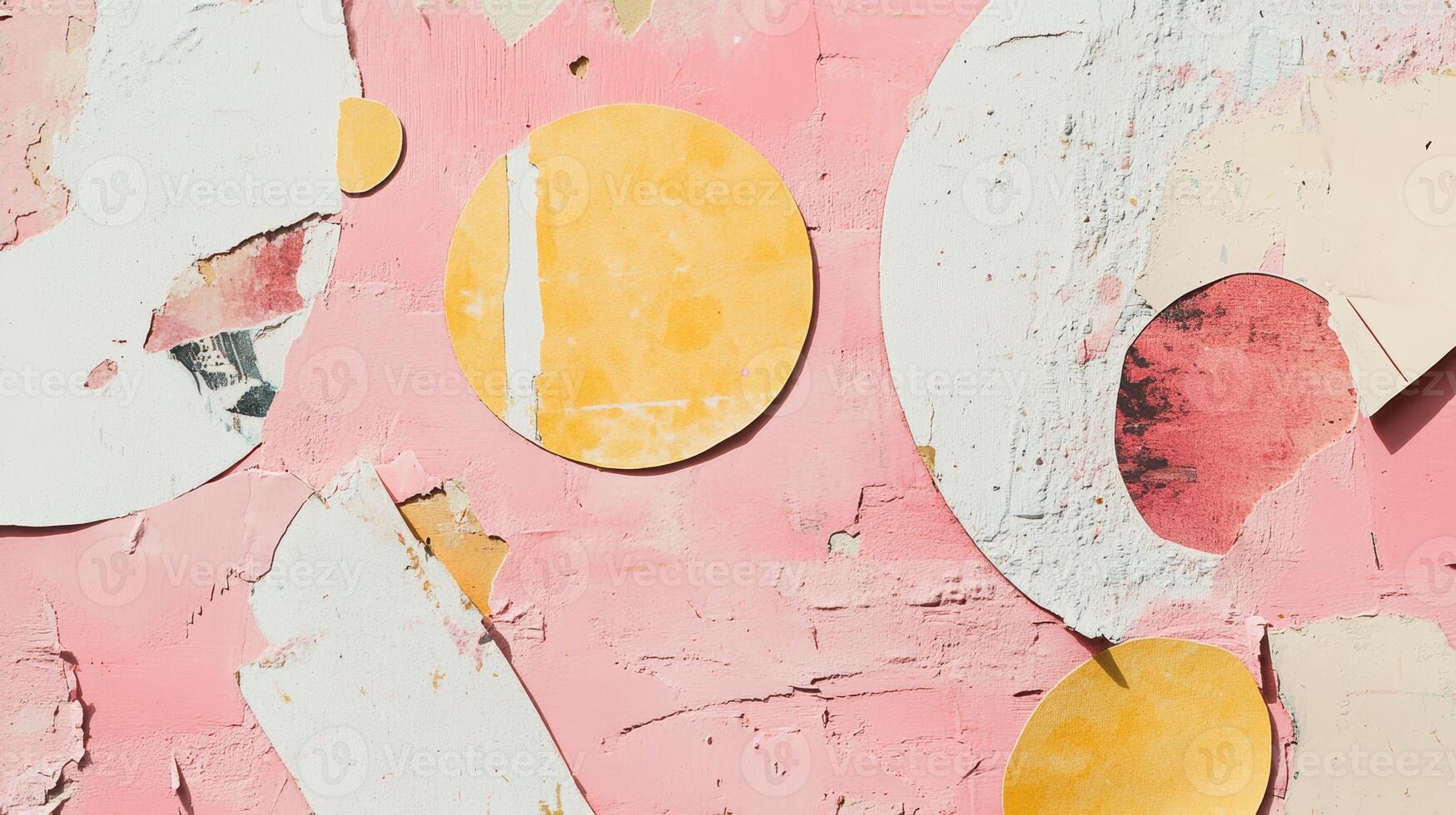 Abstract colorful collage with pink background featuring yellow and white circular shapes on textured surface in artistic modern composition photo