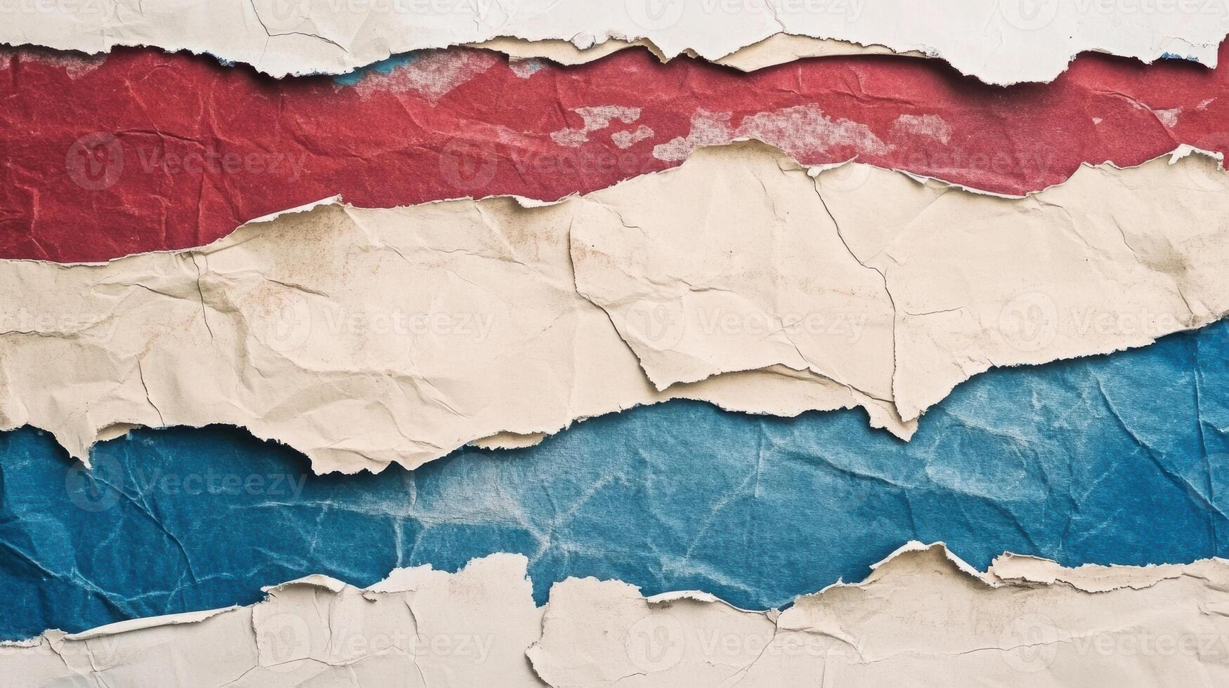 Textured layers of torn colored paper display red, white, and blue stripes with a vintage feel in an artistic abstract composition photo