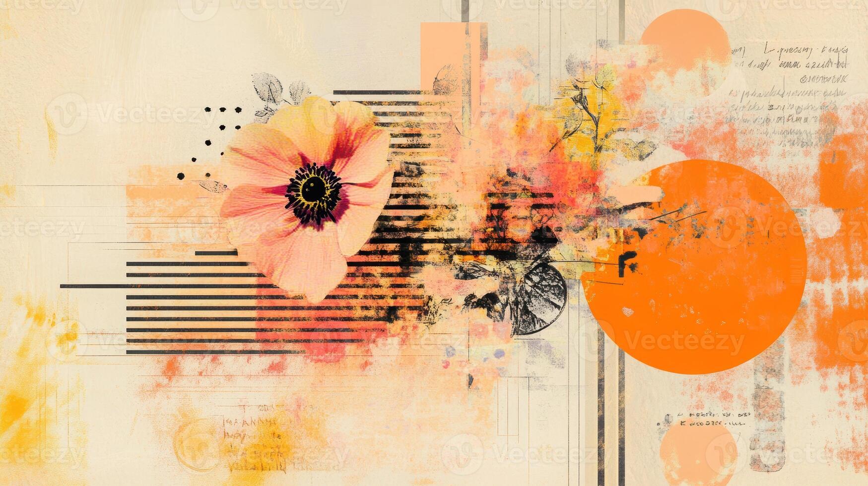 Abstract floral art with vibrant orange and pink accents featuring a central poppy flower and geometric patterns on a textured background photo