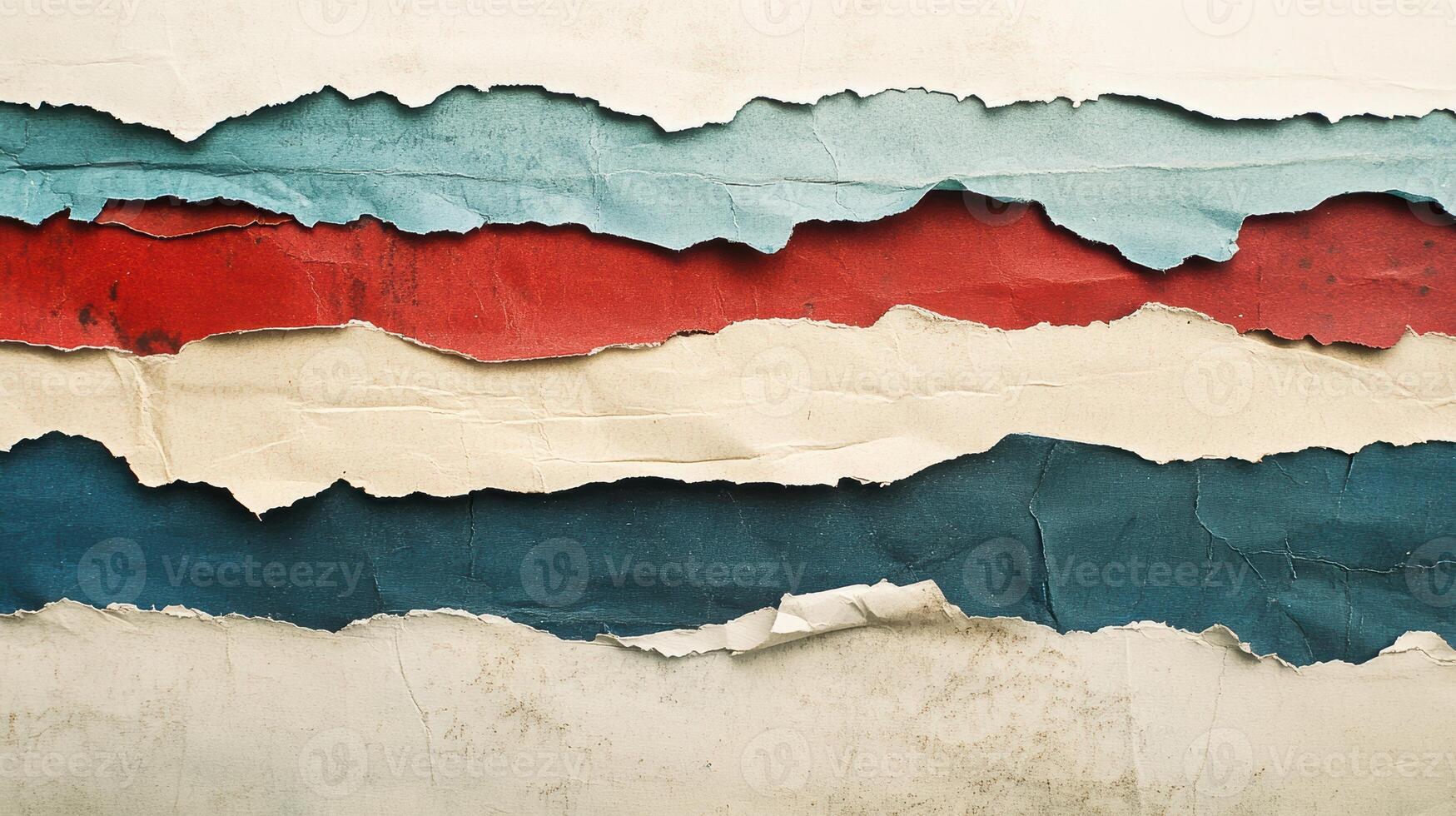 Abstract representation of torn paper layers in red, beige, blue, and teal with rustic texture and distressed vintage aesthetic photo