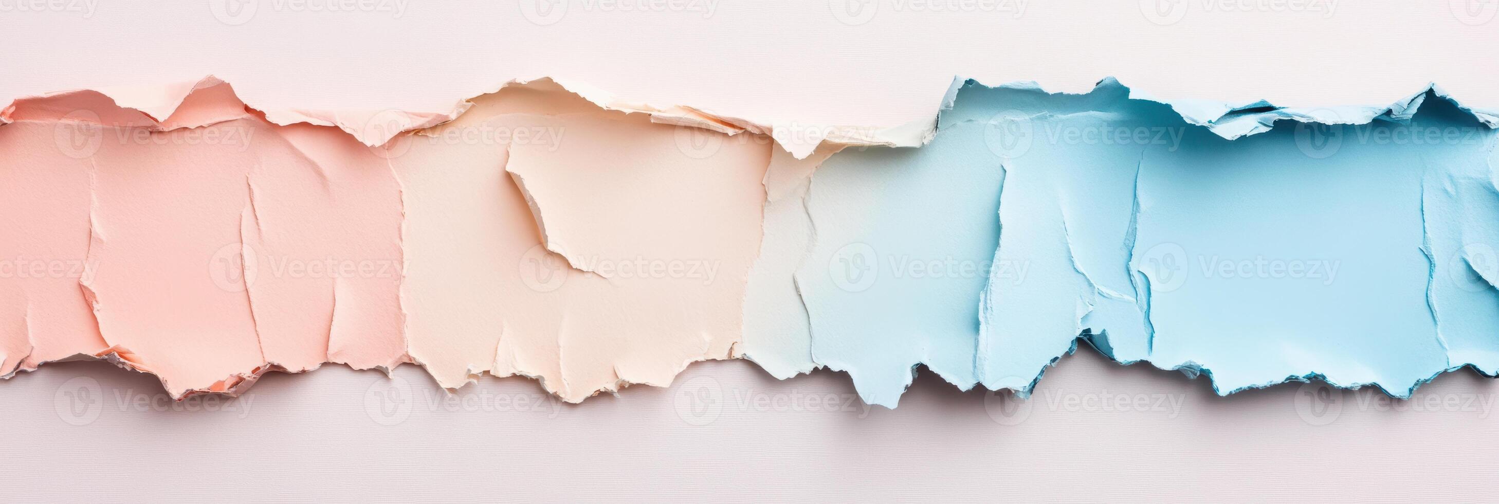 Torn paper art, soft pastel colors in pink, beige, and blue create a serene abstract texture with delicate ripped edges and elegant design photo