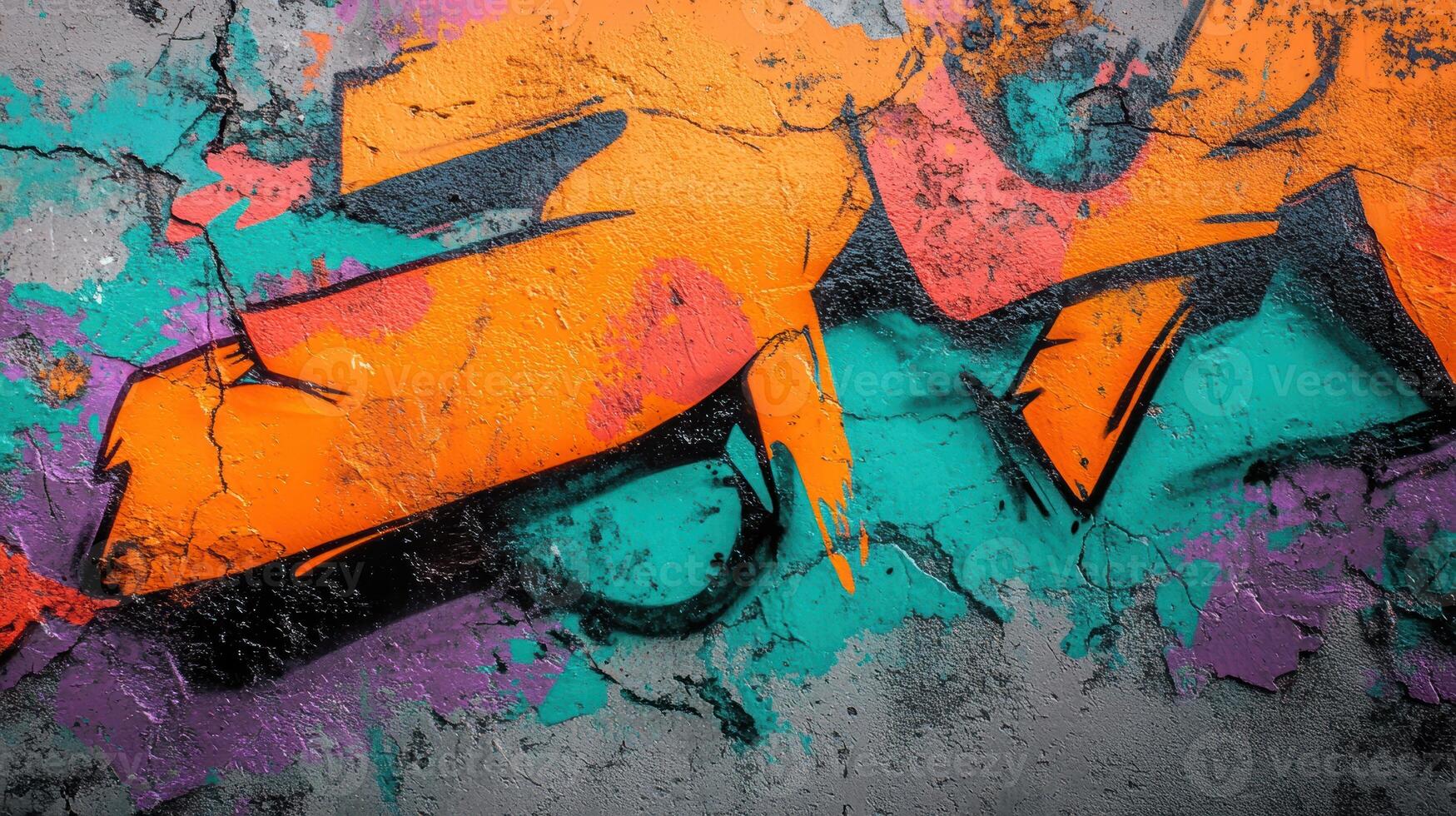Vibrant urban graffiti art on a cracked wall with bright orange, teal, and purple colors adding an energetic urban aesthetic photo