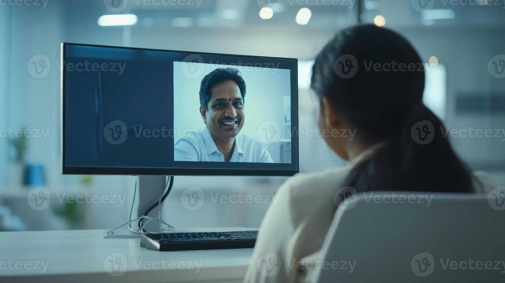 Female engaging in virtual meeting with smiling male colleague on computer screen in modern office setting for remote communication. Mentor worker photo