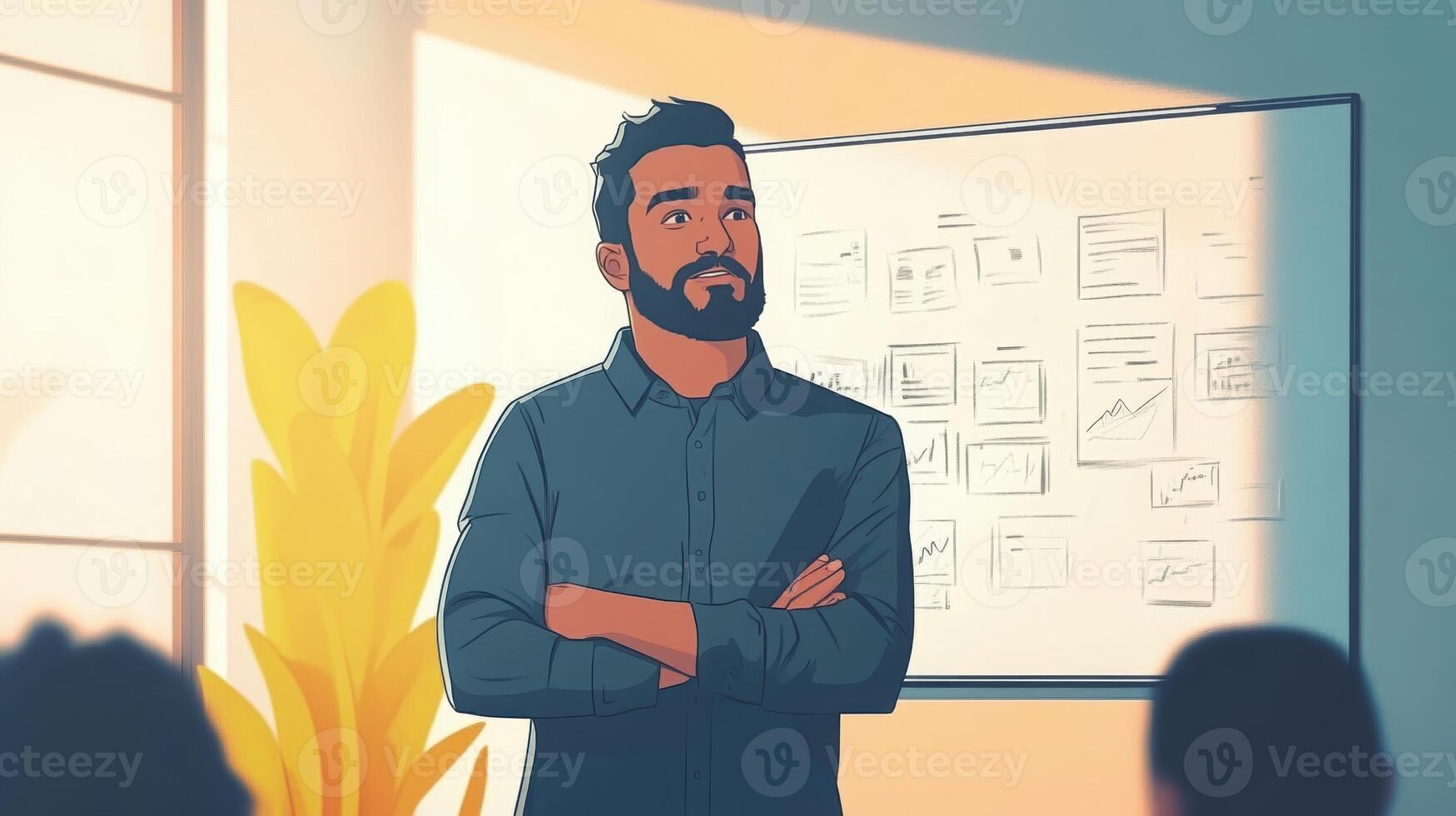 Young adult indian male business professional presents data insights confidently in a modern office setting with charts and graphs in the background. Mentor worker photo
